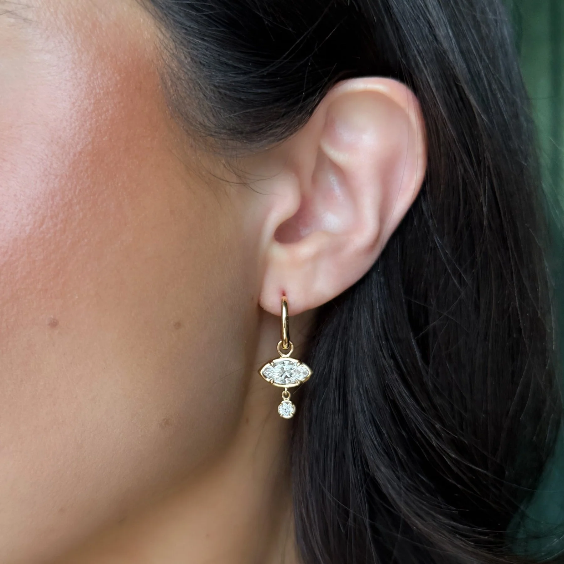 Alternating Mini Tiered Bezel Drop Huggies with Marquise Cut Diamonds - Image 2