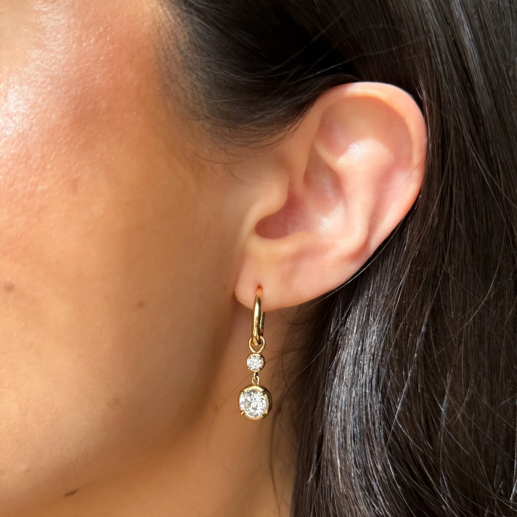 Alternating Mini Tiered Bezel Drop Huggies with Round Cut Diamonds - Image 2