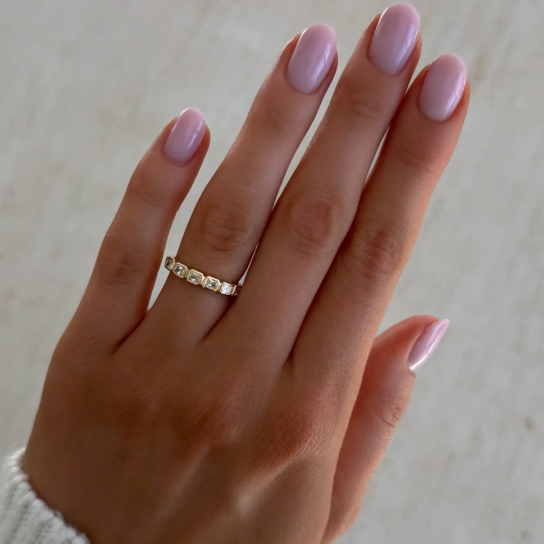 Baby Bezel Set Halfway Wedding Band With East West Radiant Cuts - Image 6