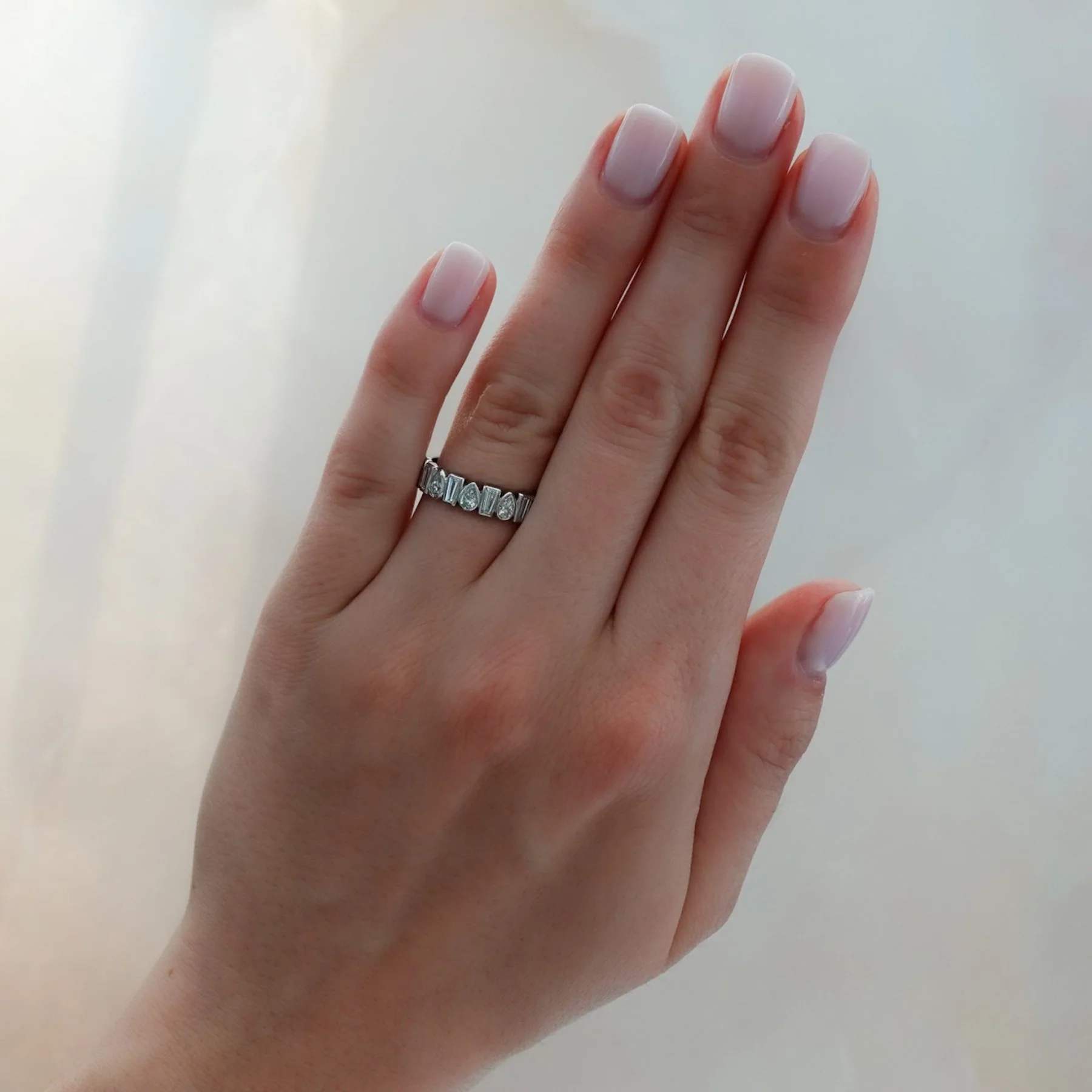 Baby Bezel Set Halfway Wedding Band with Pear and Tapered Baguette Diamonds - Image 2