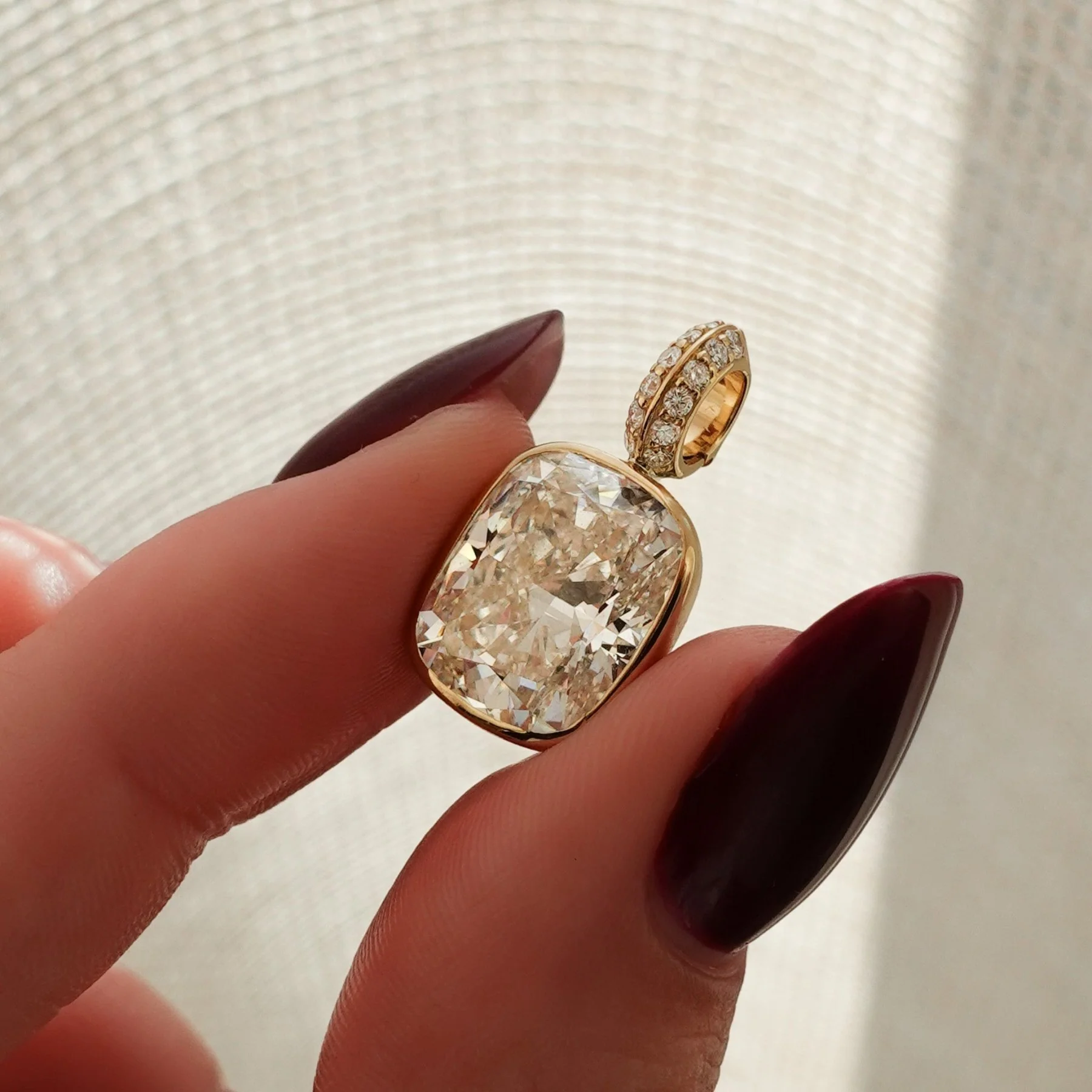 Bezel Set Elongated Cushion Attachable Diamond Pendant with Pavé Knife Edge Bail - Image 3