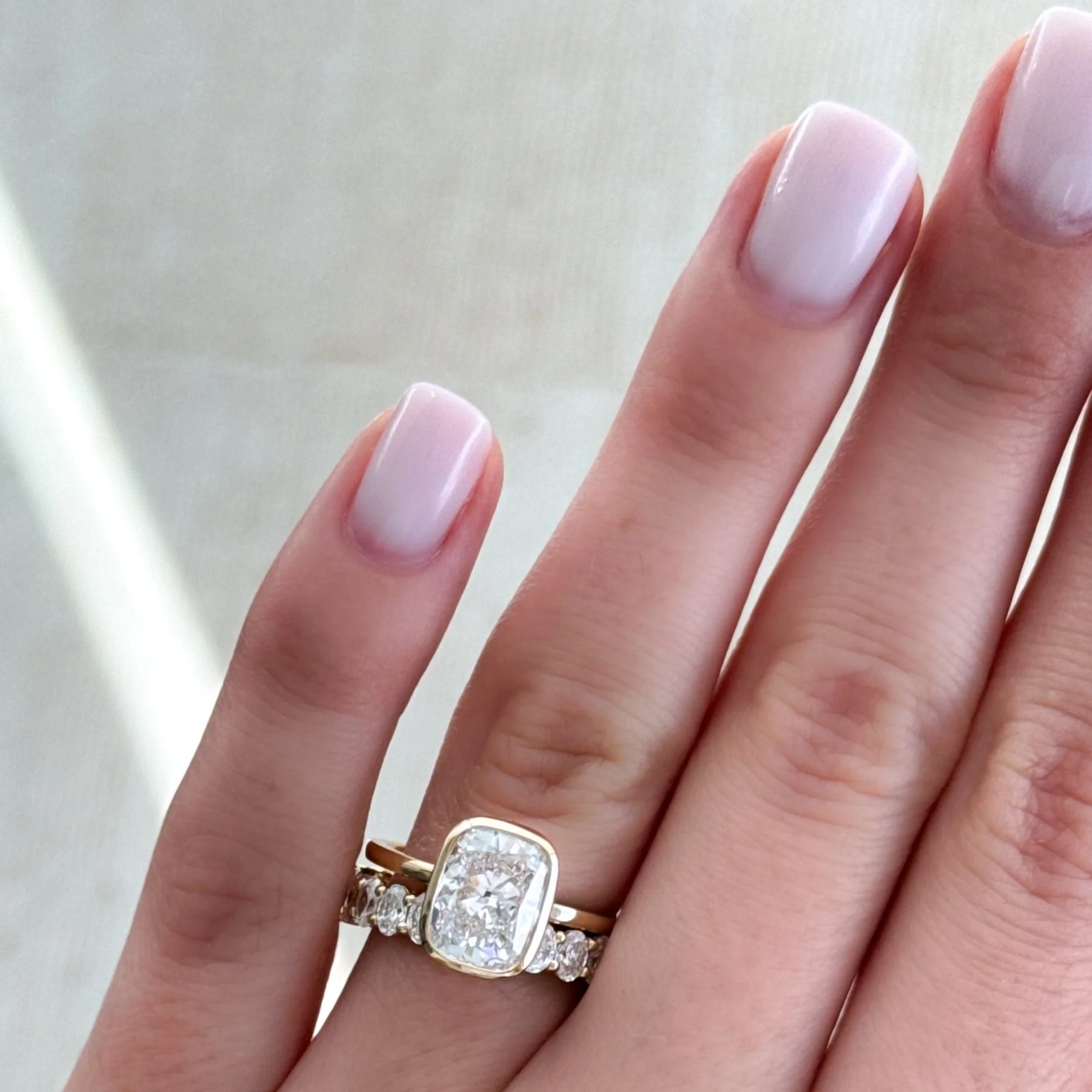 Penumbra Bezel Set Engagement Ring With Elongated Cushion Cut - Image 8