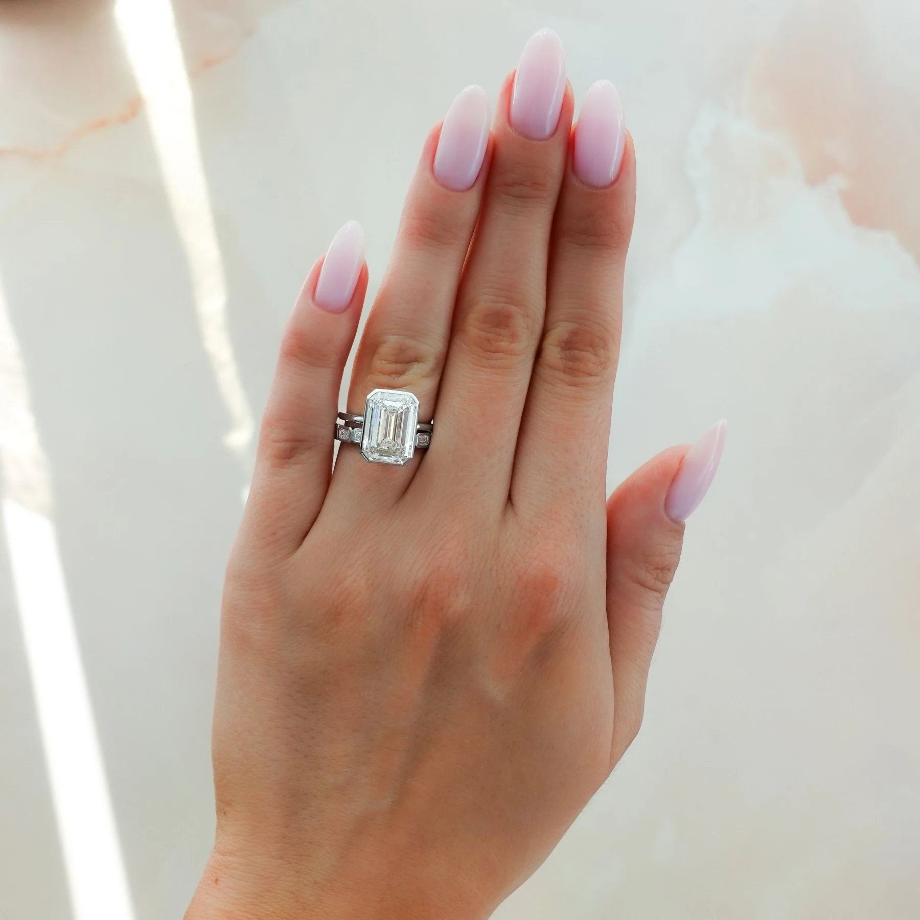 Penumbra Bezel Set Engagement Ring With Emerald Cut - Image 9
