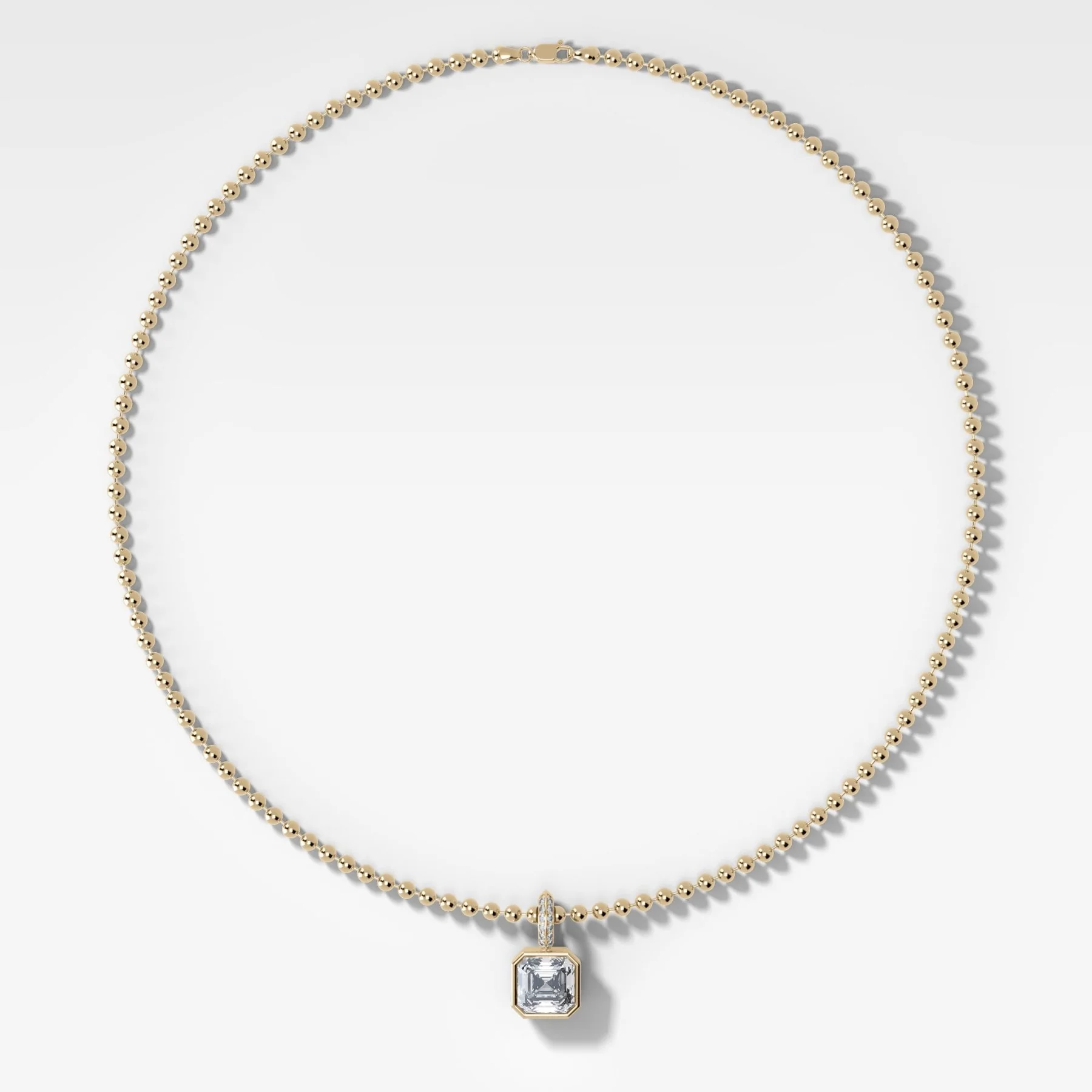Bezel Set Asscher Attachable Diamond Pendant with Pavé Knife Edge Bail and Beaded Chain (3mm)