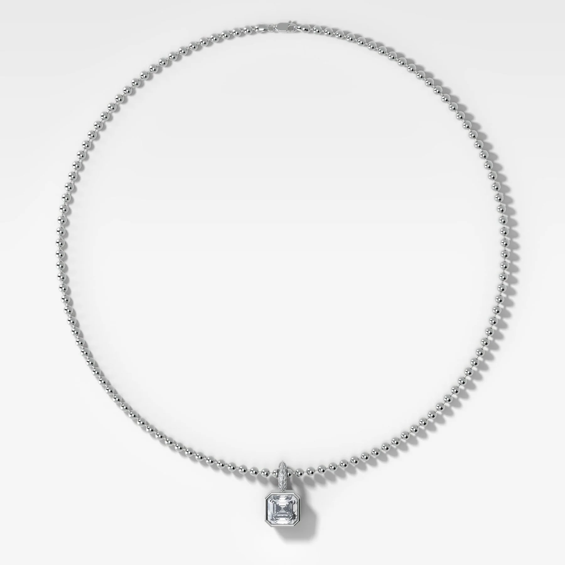 Bezel Set Asscher Attachable Diamond Pendant with Pavé Knife Edge Bail and Beaded Chain (3mm) - Image 2