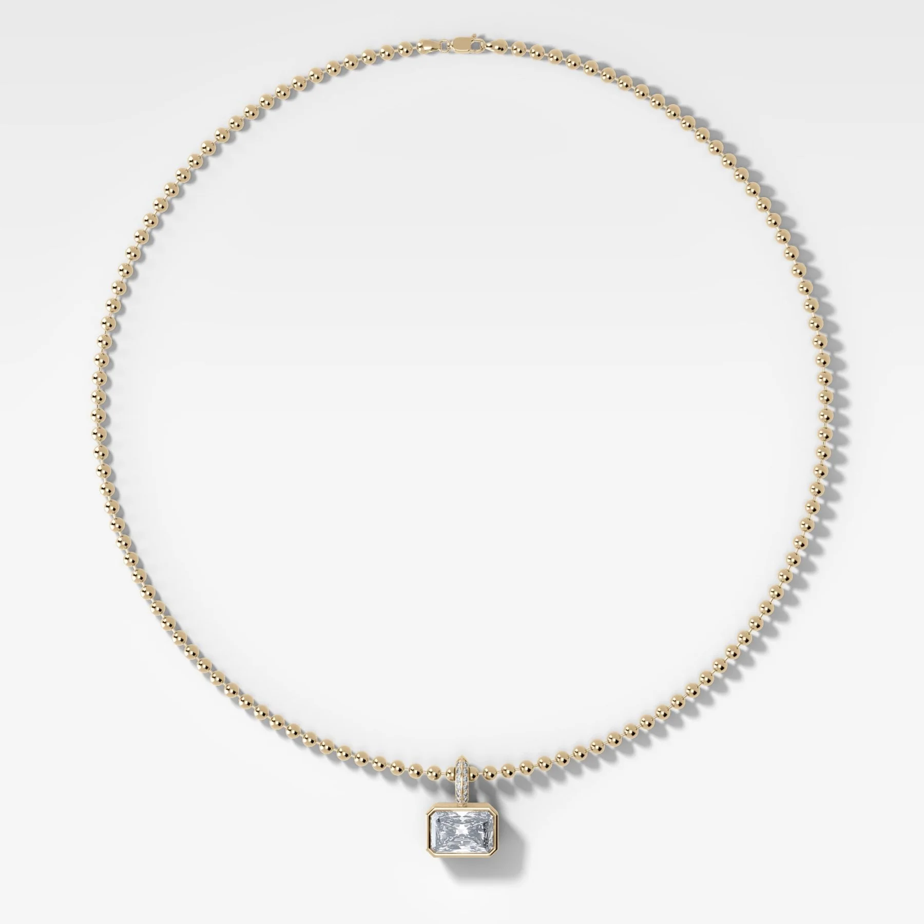 Bezel Set East West Elongated Radiant Attachable Diamond Pendant with Pavé Knife Edge Bail and Beaded Chain (3mm)