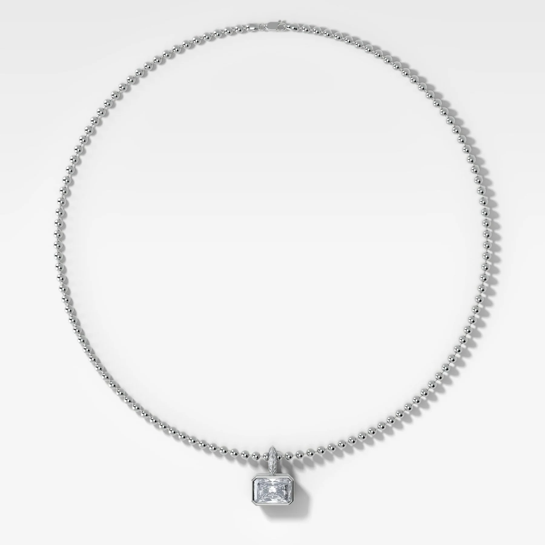 Bezel Set East West Elongated Radiant Attachable Diamond Pendant with Pavé Knife Edge Bail and Beaded Chain (3mm) - Image 2