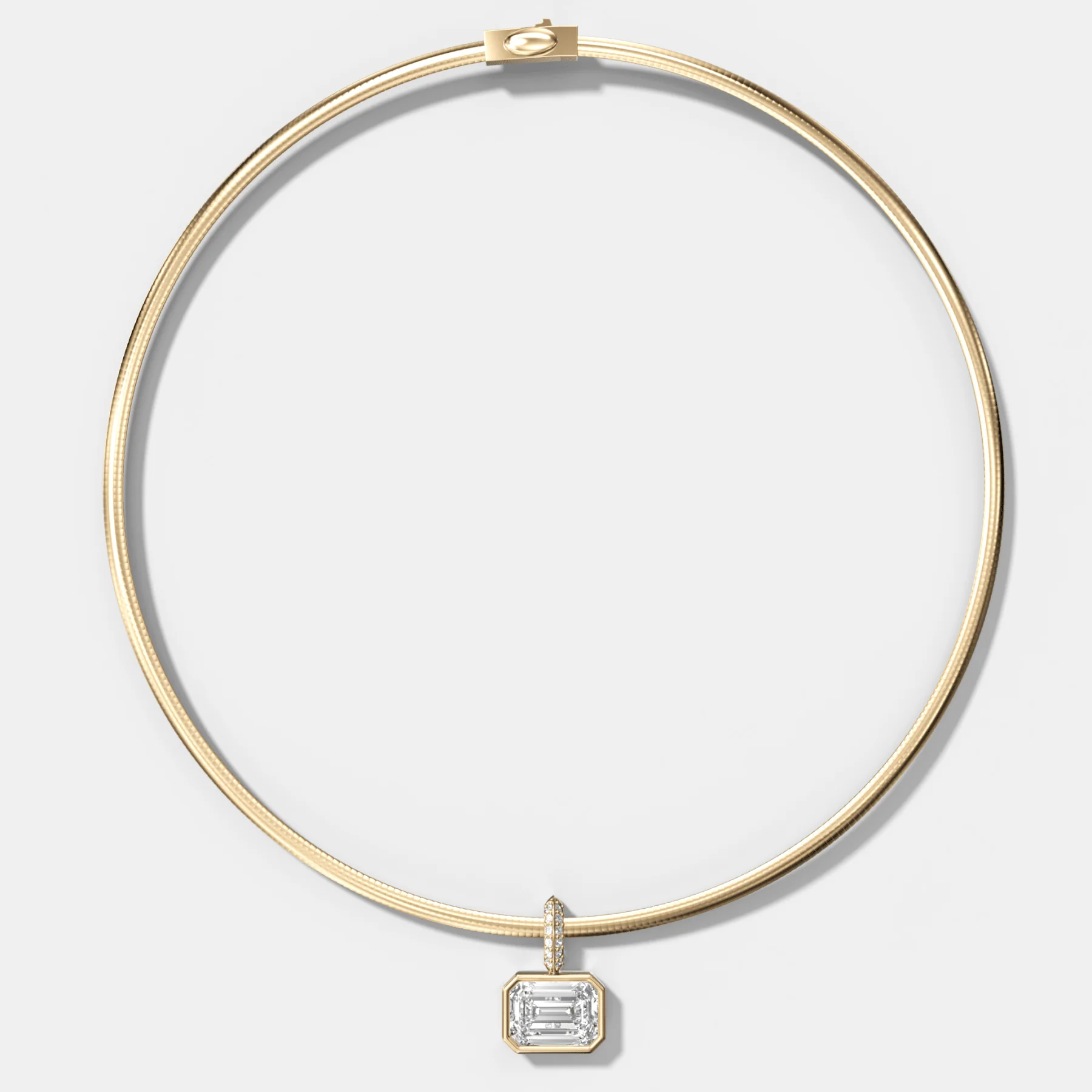 Bezel Set East West Emerald Attachable Diamond Pendant with Pavé Knife Edge Bail With Reversible Omega Chain (3mm)