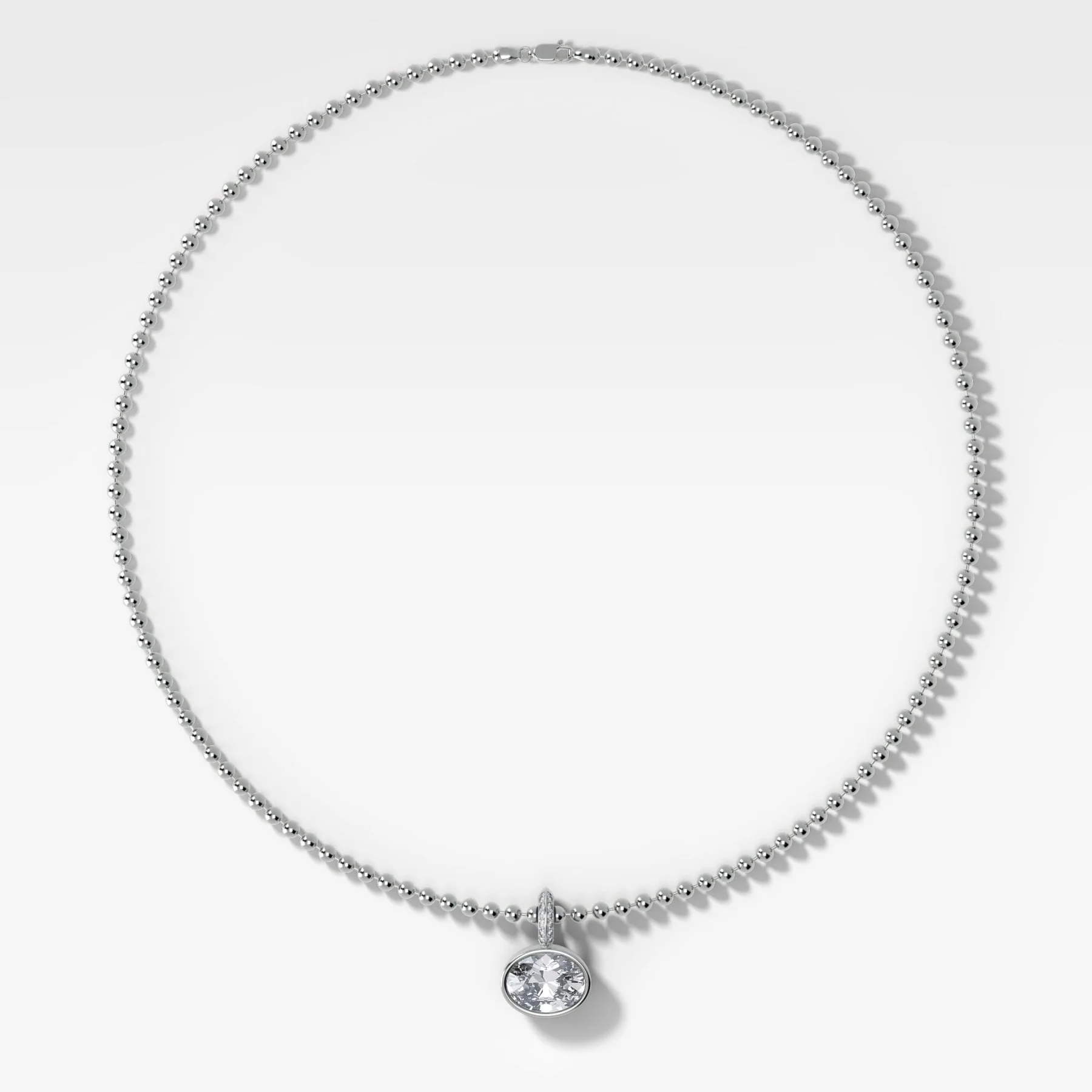 Bezel Set East West Oval Attachable Diamond Pendant with Pavé Knife Edge Bail and Beaded Chain (3mm) - Image 2