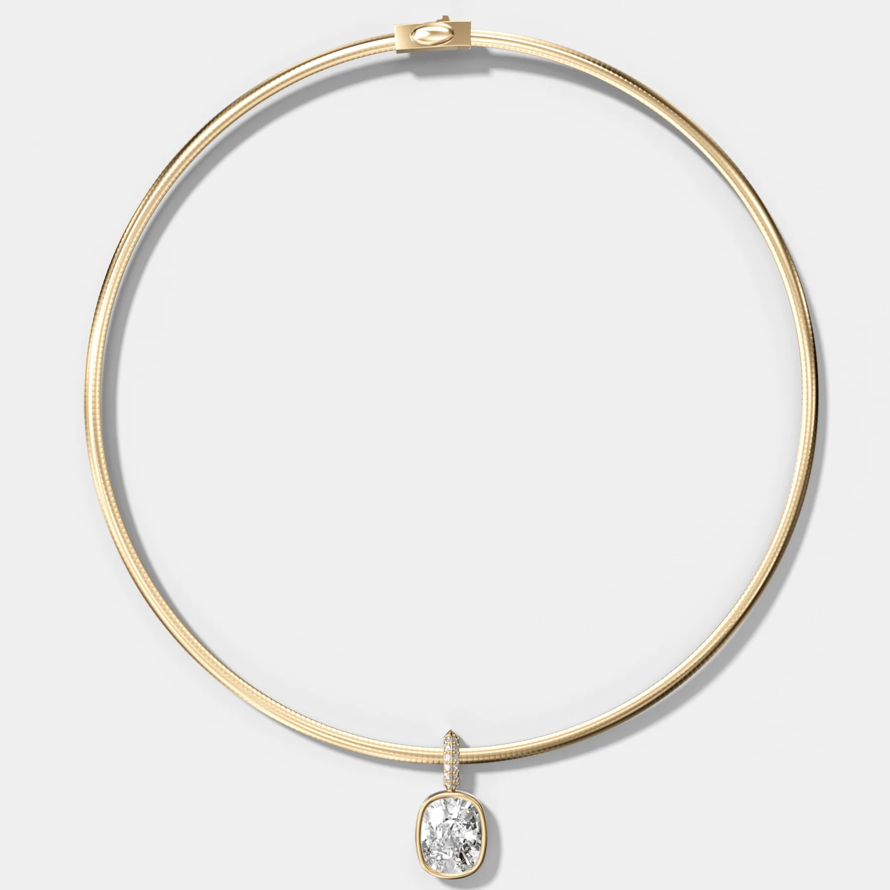 Bezel Set Elongated Cushion Attachable Diamond Pendant with Pavé Knife Edge Bail With Reversible Omega Chain (3mm)
