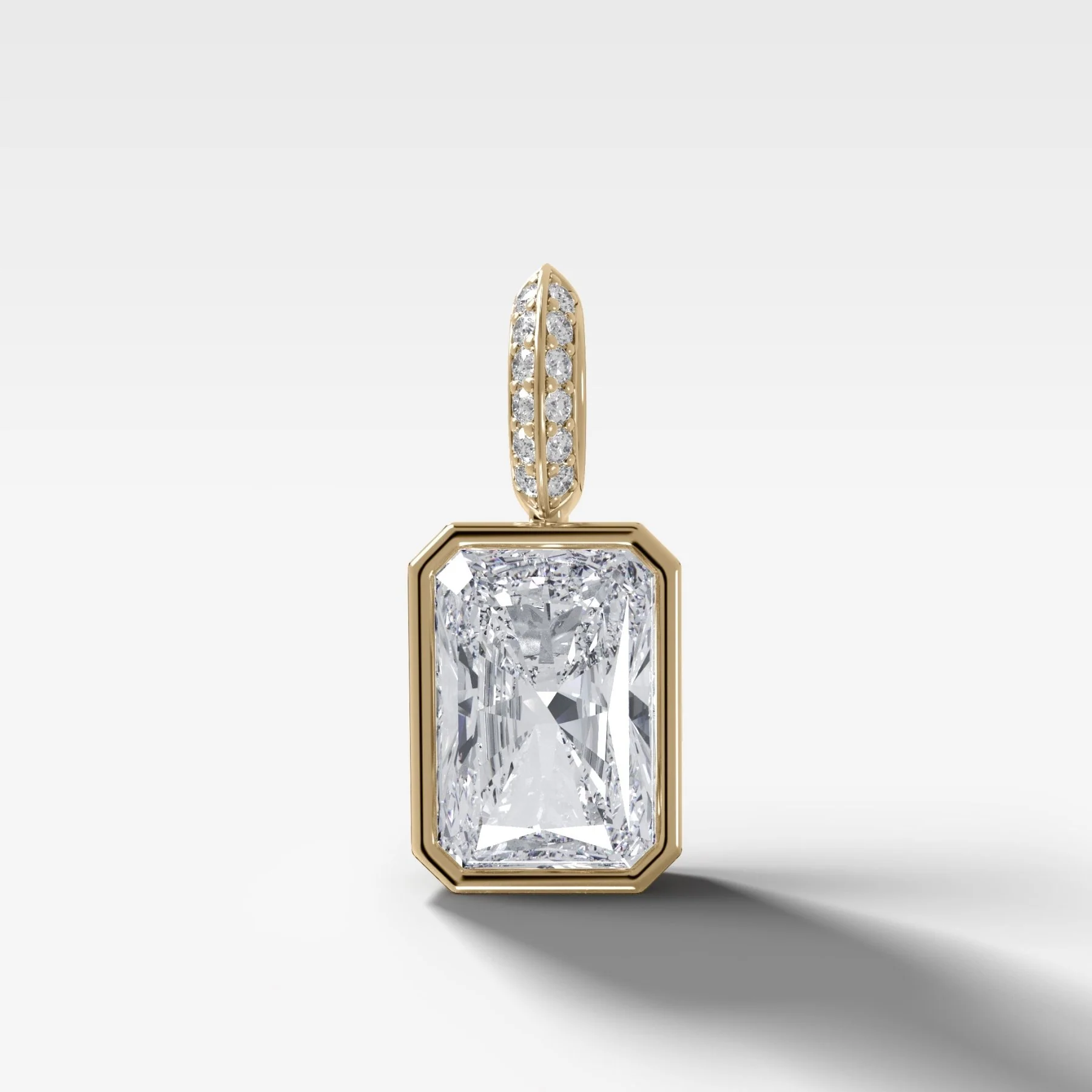 Bezel Set Elongated Radiant Attachable Diamond Pendant with Pavé Knife Edge Bail
