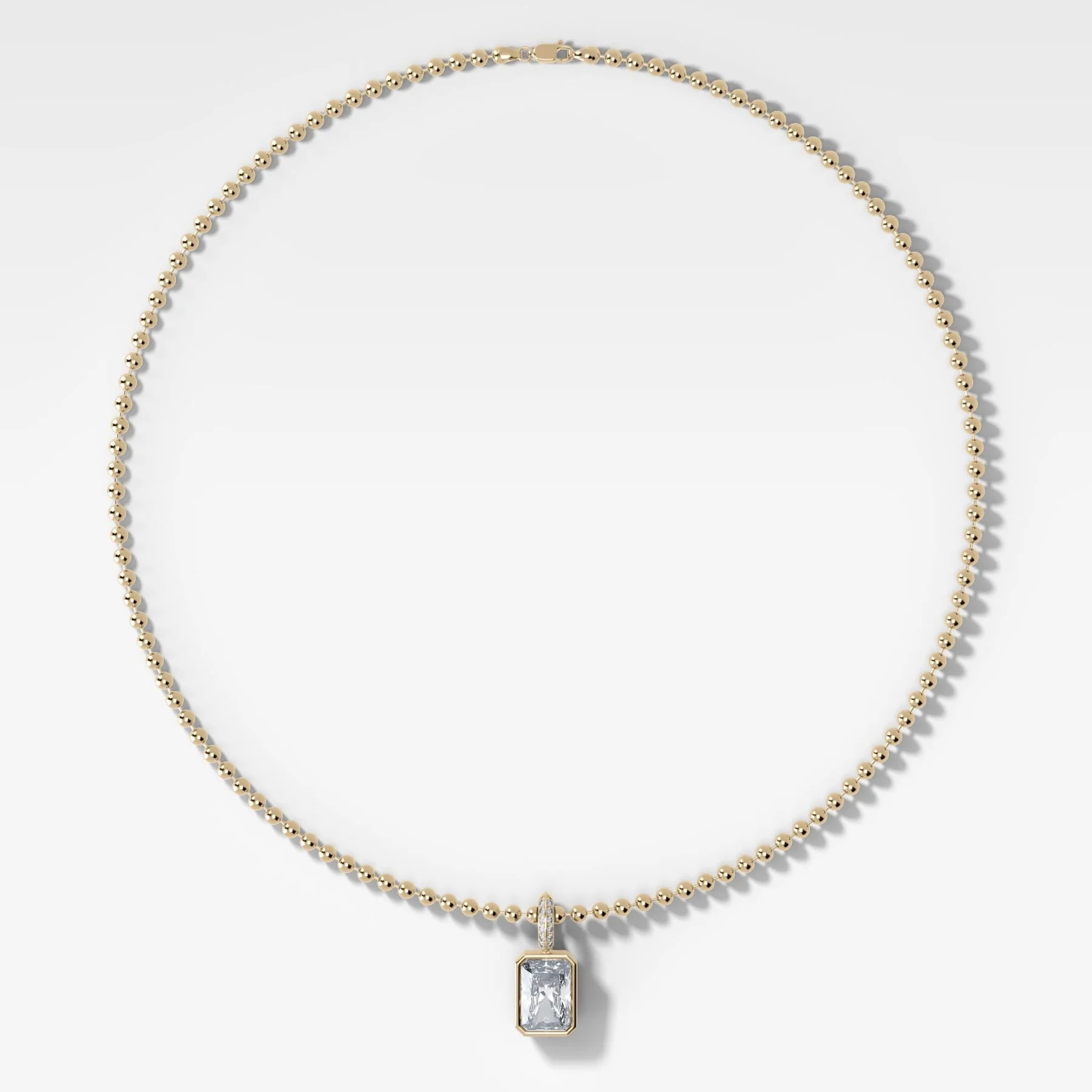 Bezel Set Elongated Radiant Attachable Diamond Pendant with Pavé Knife Edge Bail and Beaded Chain (3mm)