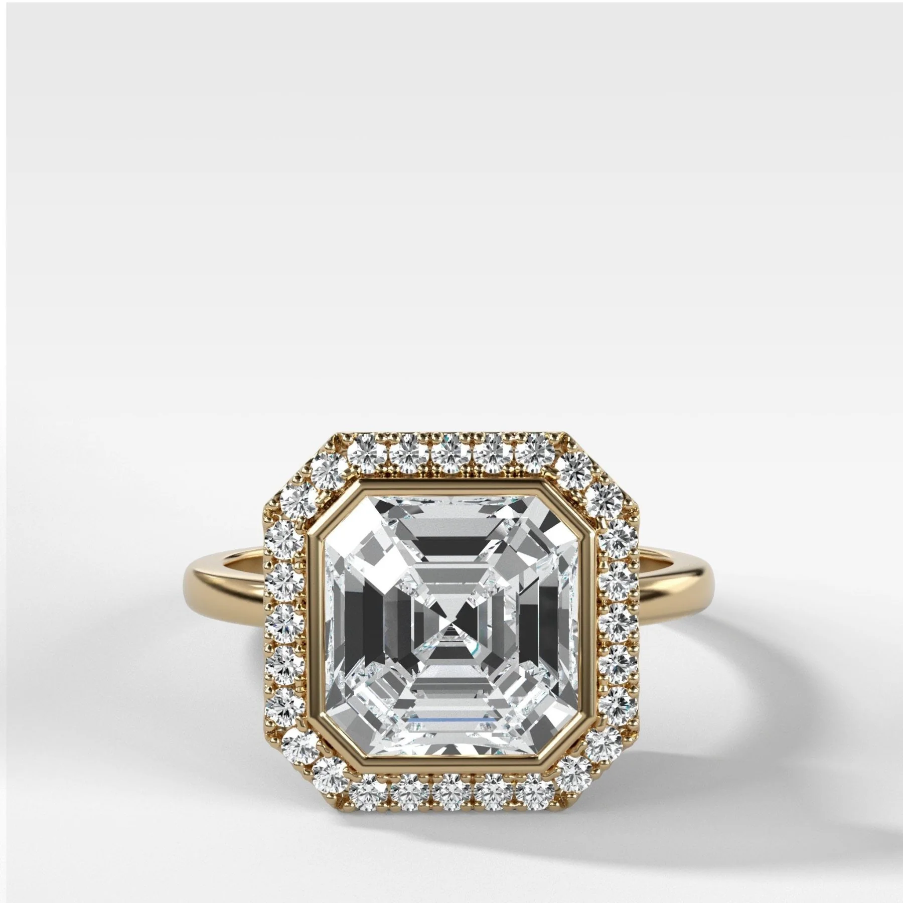 Bezel Set Halo Engagement Ring With Asscher Cut Diamond