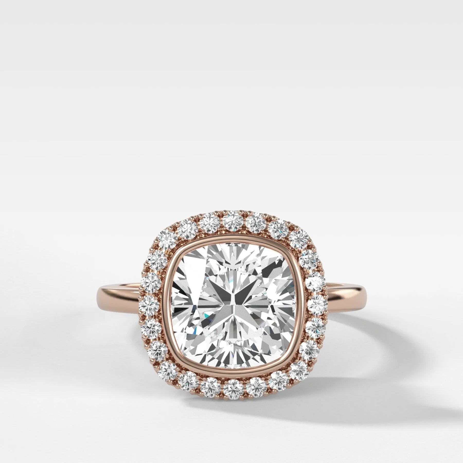 Bezel Set Halo Engagement Ring With Cushion Cut Diamond - Image 3