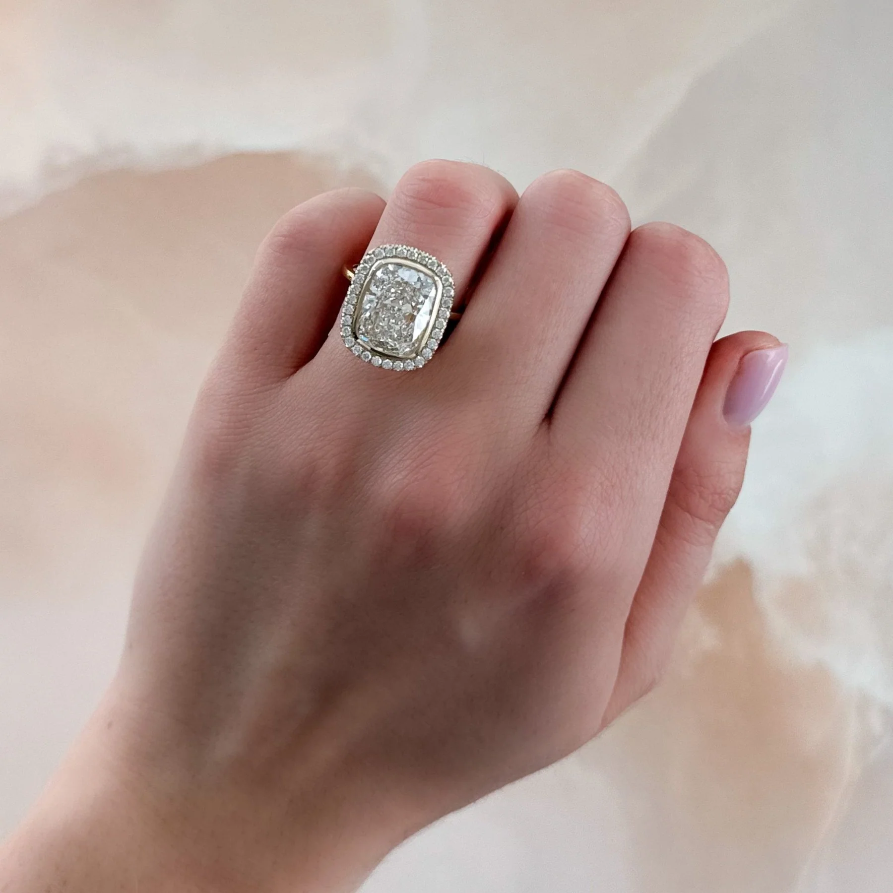 Bezel Set Halo Engagement Ring With Elongated Cushion Cut Diamond - Image 3