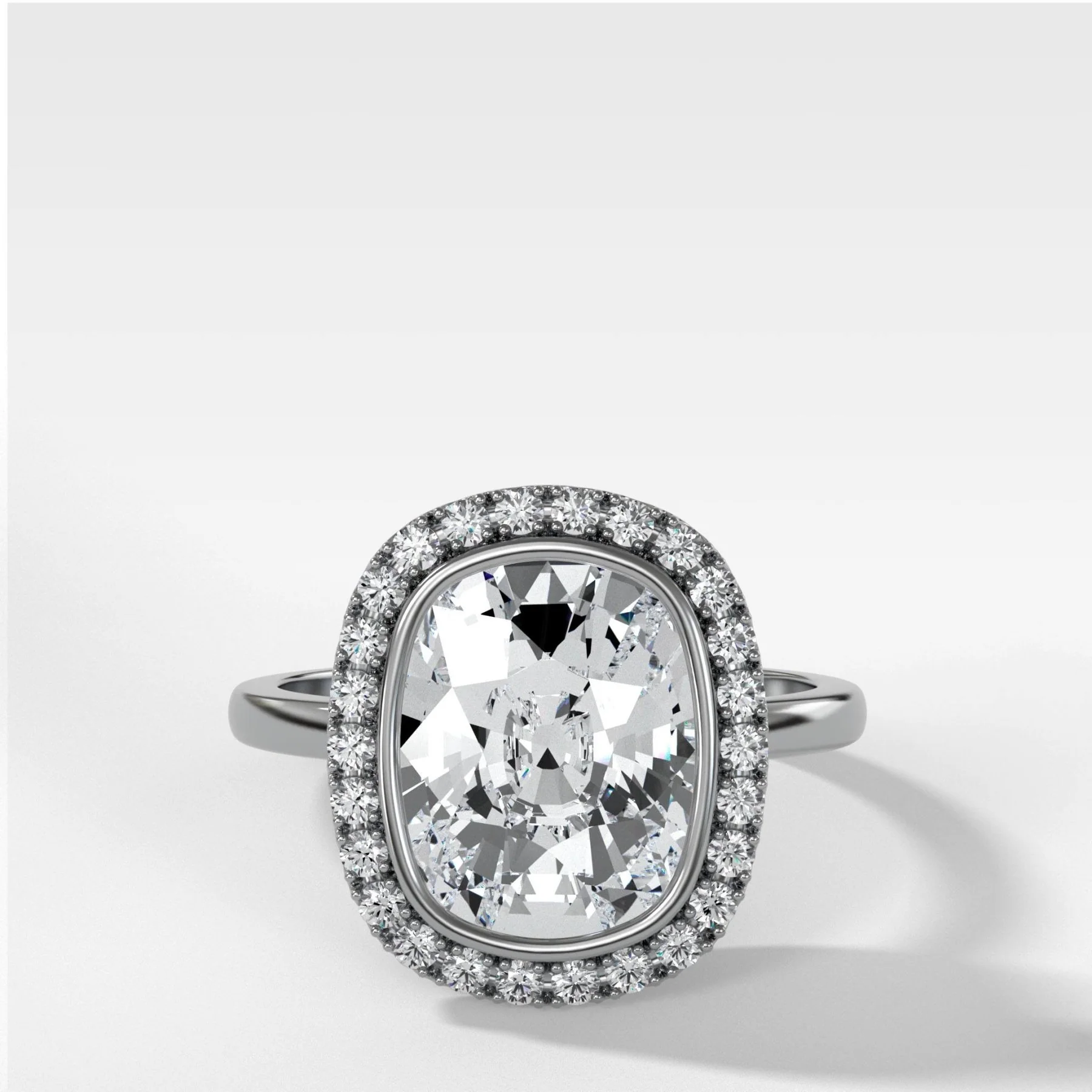 Bezel Set Halo Engagement Ring With Elongated Cushion Cut Diamond - Image 4
