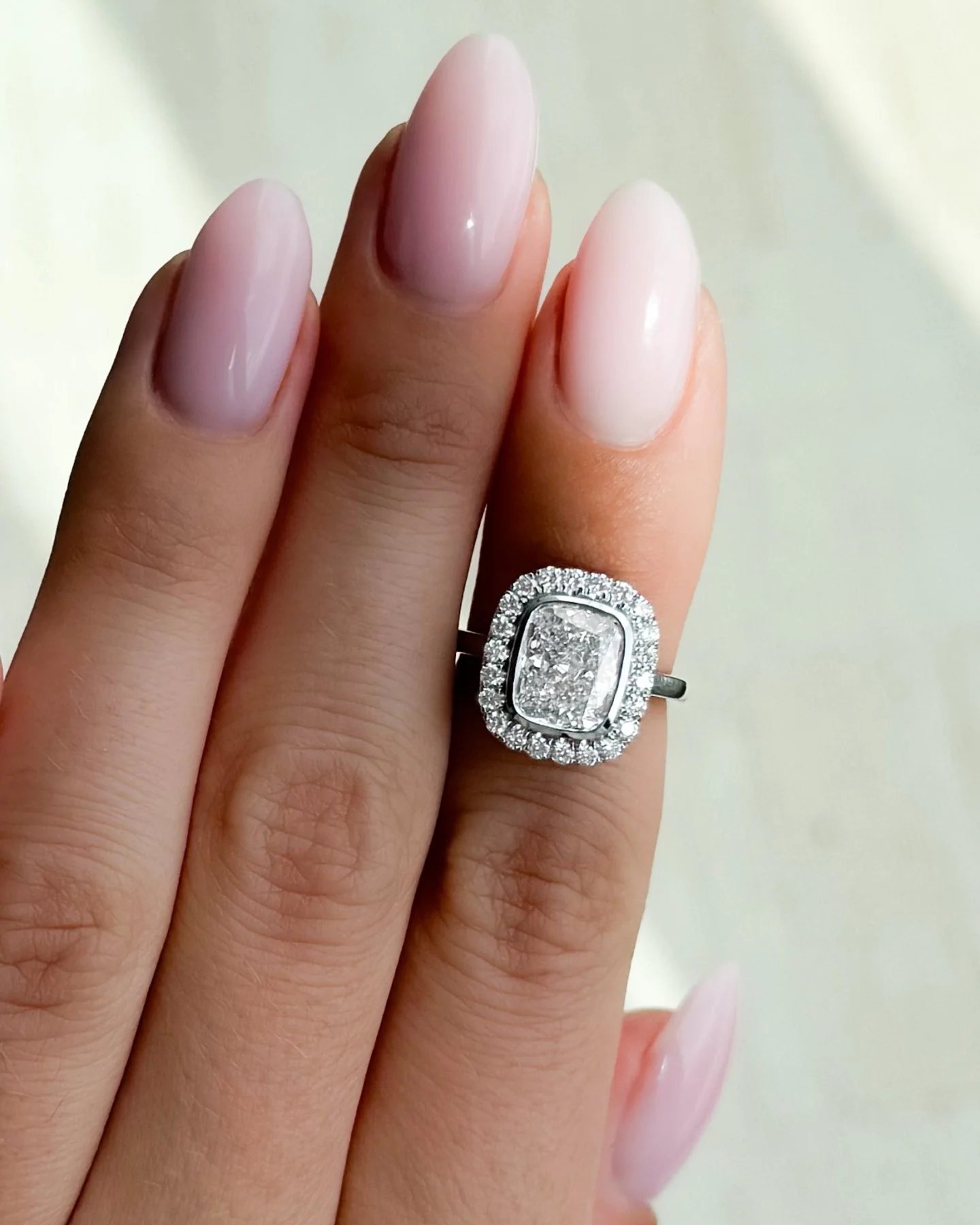 Bezel Set Halo Engagement Ring With Elongated Cushion Cut Diamond - Image 6
