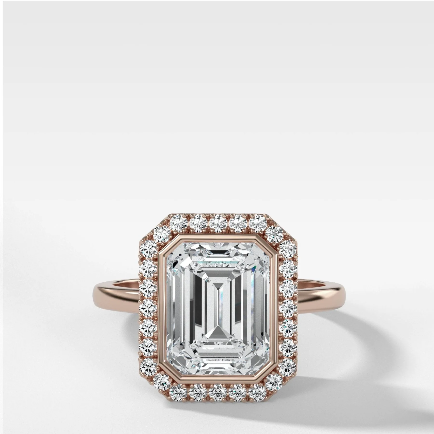 Bezel Set Halo Engagement Ring With Emerald Cut Diamond - Image 4