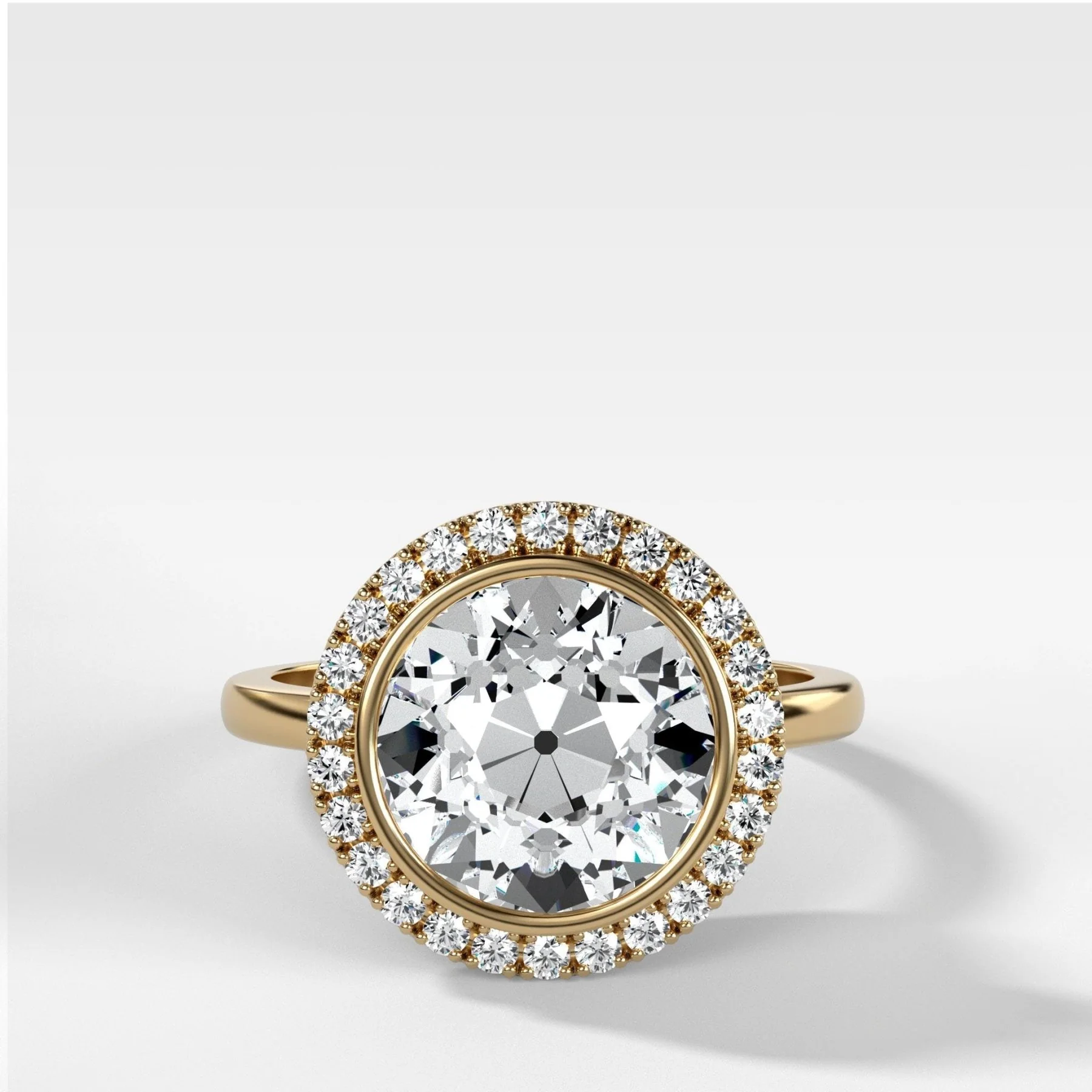 Bezel Set Halo Engagement Ring With Old Euro Cut Diamond