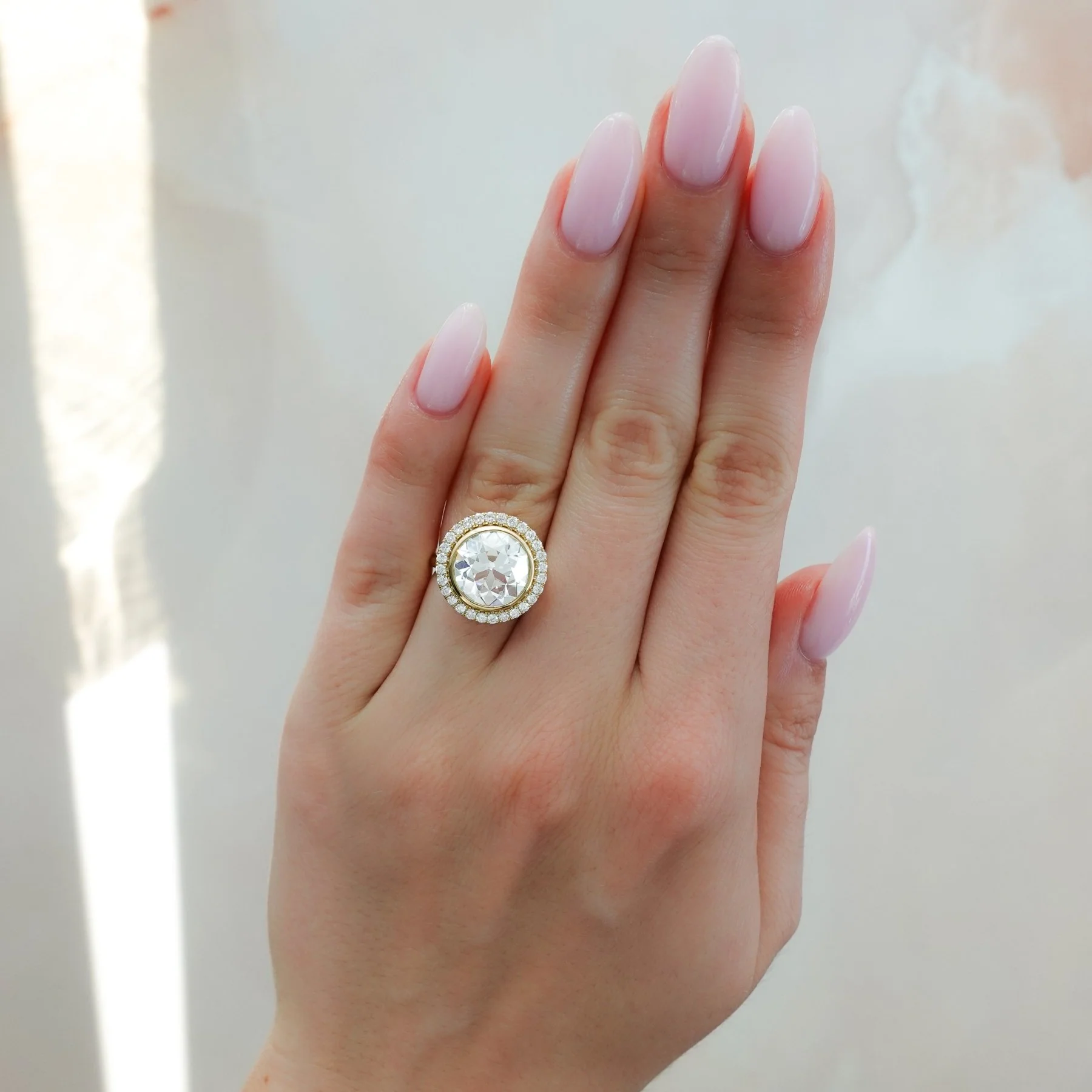 Bezel Set Halo Engagement Ring With Old Euro Cut Diamond - Image 5