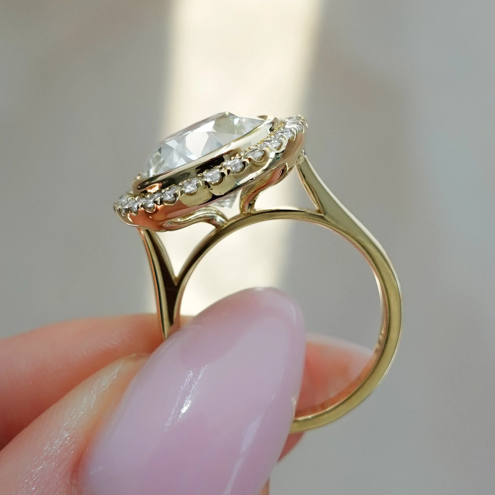 Bezel Set Halo Engagement Ring With Old Euro Cut Diamond - Image 6