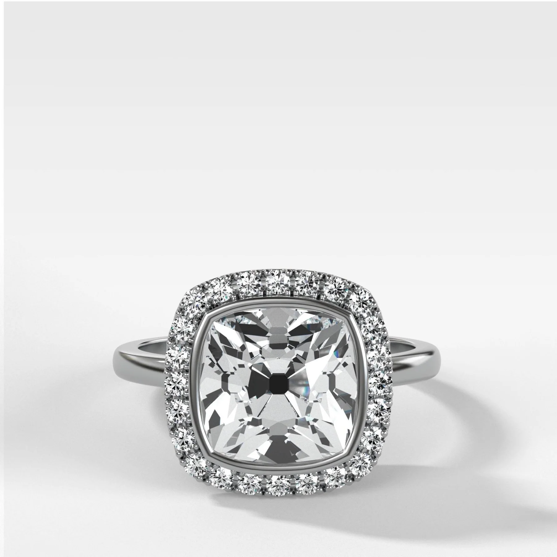 Bezel Set Halo Engagement Ring With Old Mine Cut Diamond - Image 3