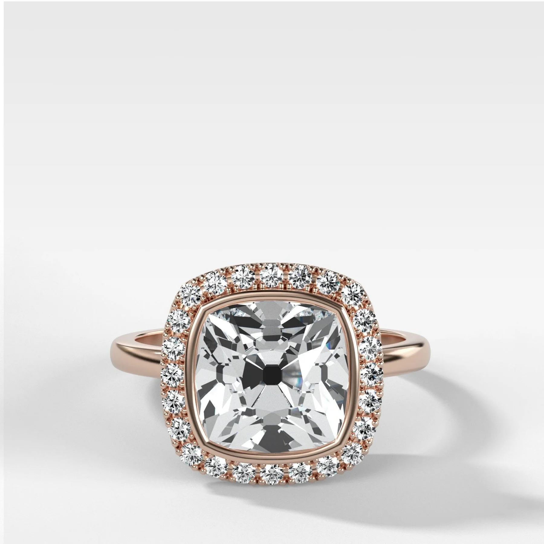 Bezel Set Halo Engagement Ring With Old Mine Cut Diamond - Image 4
