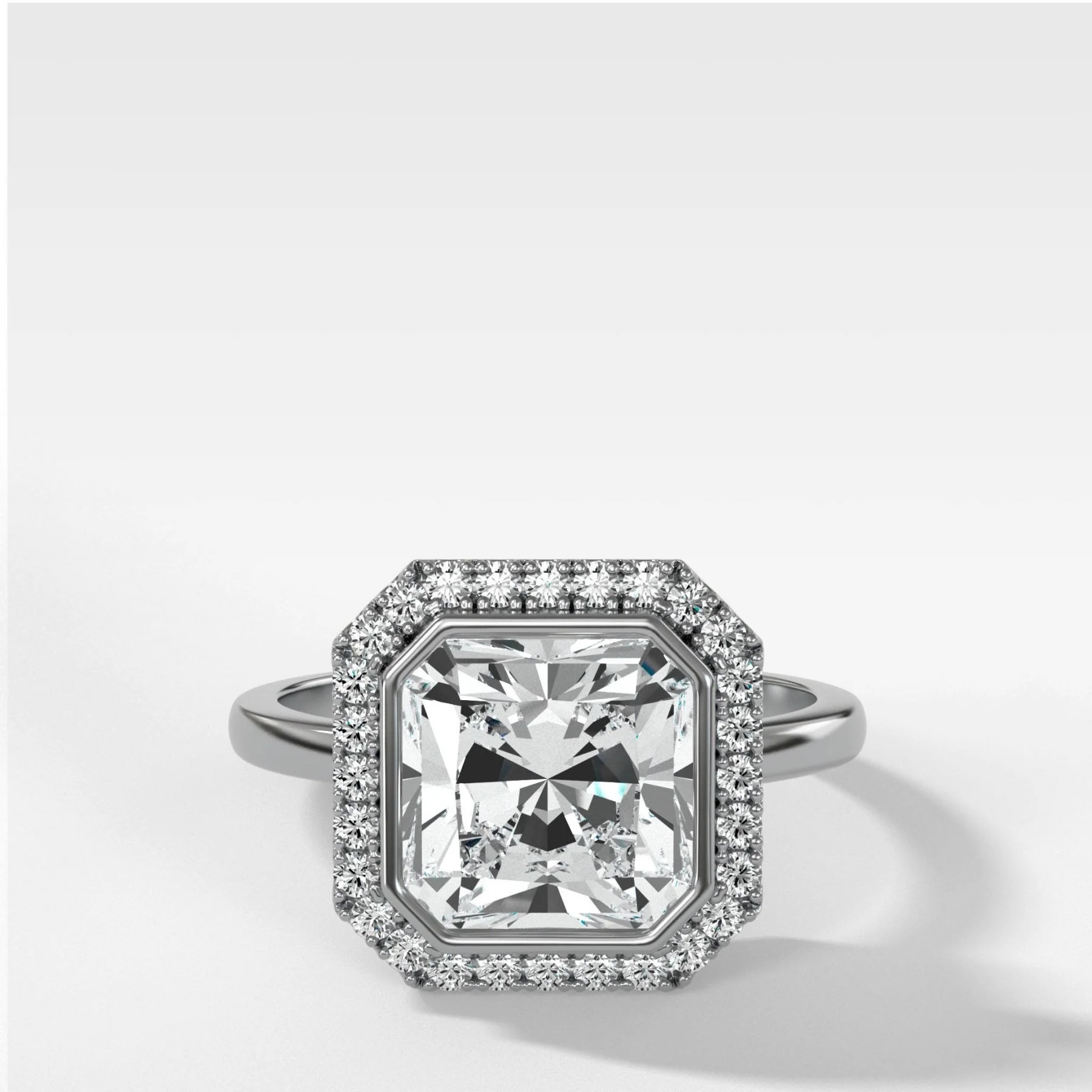 Bezel Set Halo Engagement Ring With Radiant Square Cut Diamond - Image 3