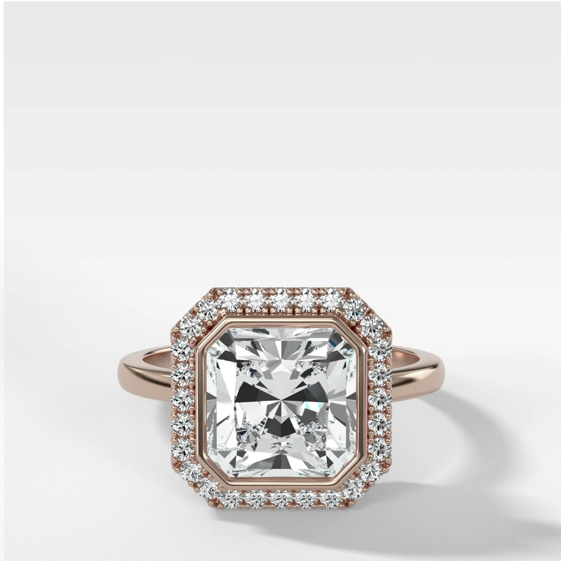 Bezel Set Halo Engagement Ring With Radiant Square Cut Diamond - Image 4