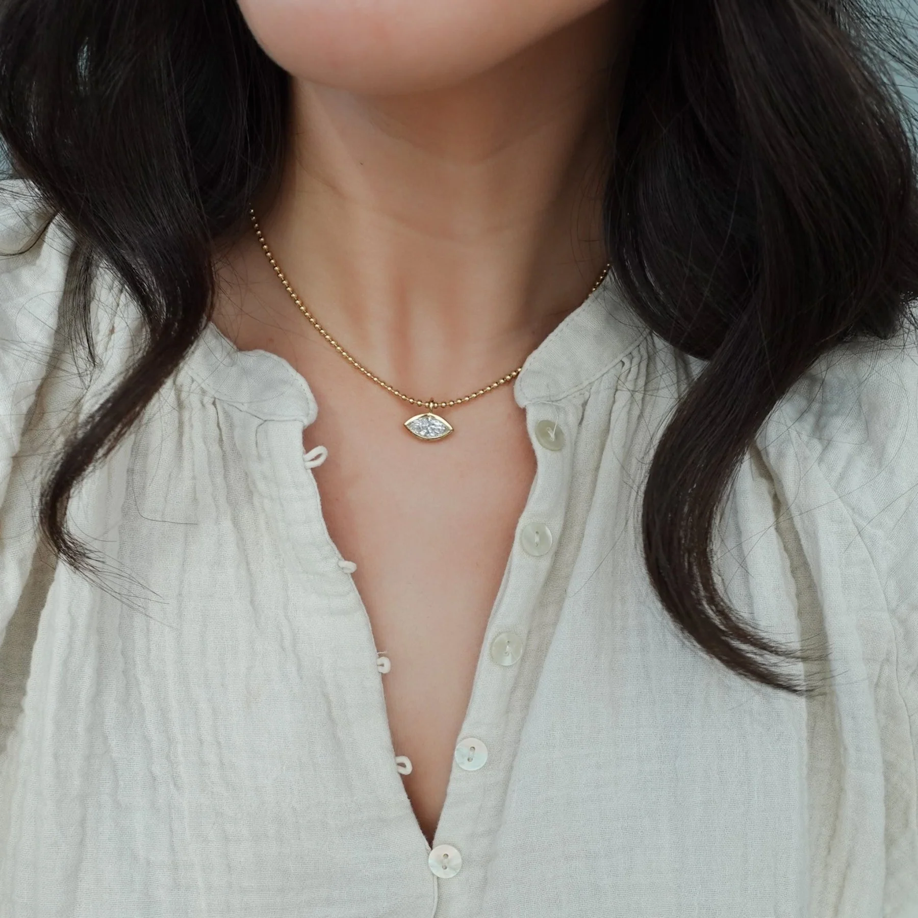 Bezel Set Pendant Beaded Necklace with East West Marquise Cut Diamond - Image 5