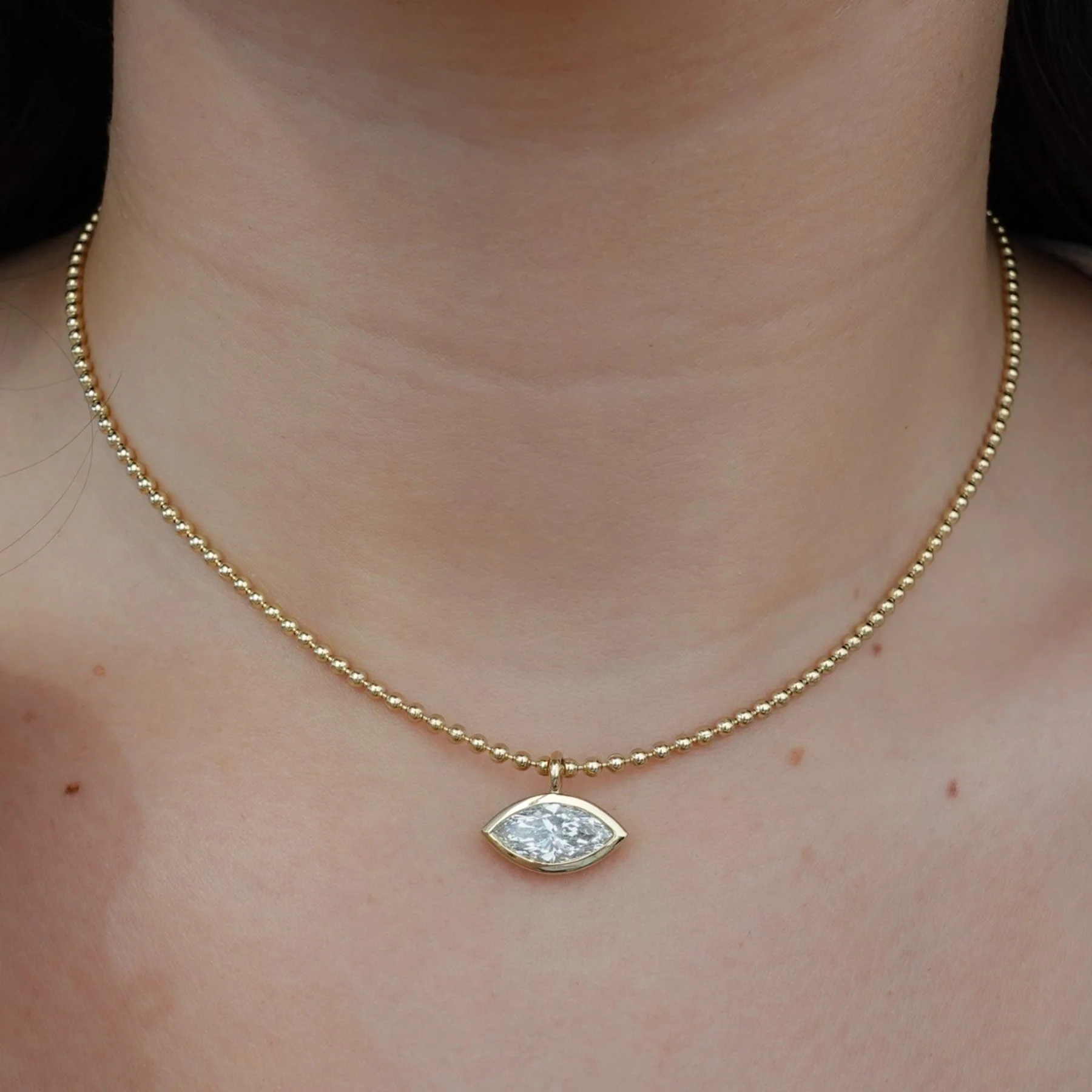 Bezel Set Pendant Beaded Necklace with East West Marquise Cut Diamond - Image 6