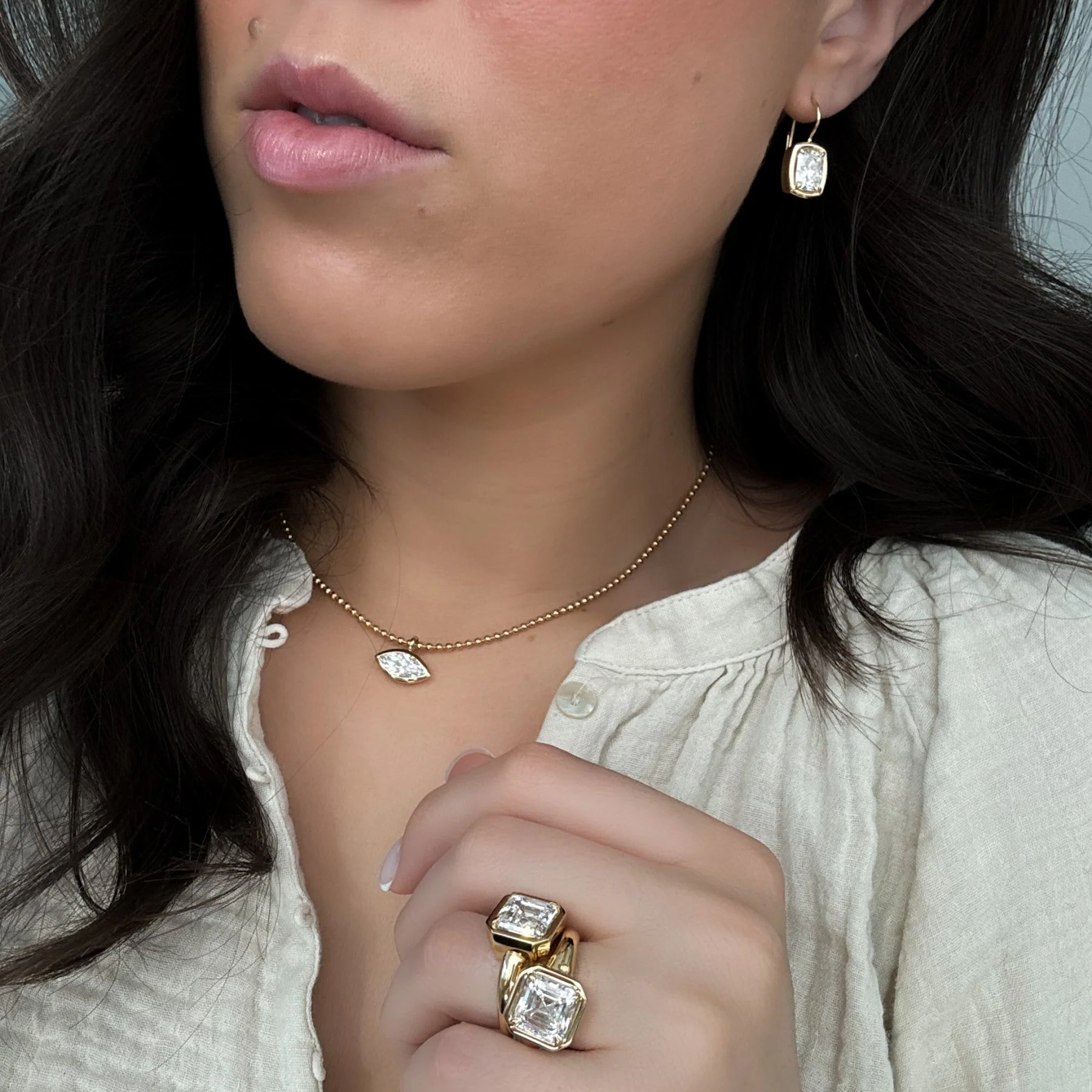 Bezel Set Pendant Beaded Necklace with East West Marquise Cut Diamond - Image 7