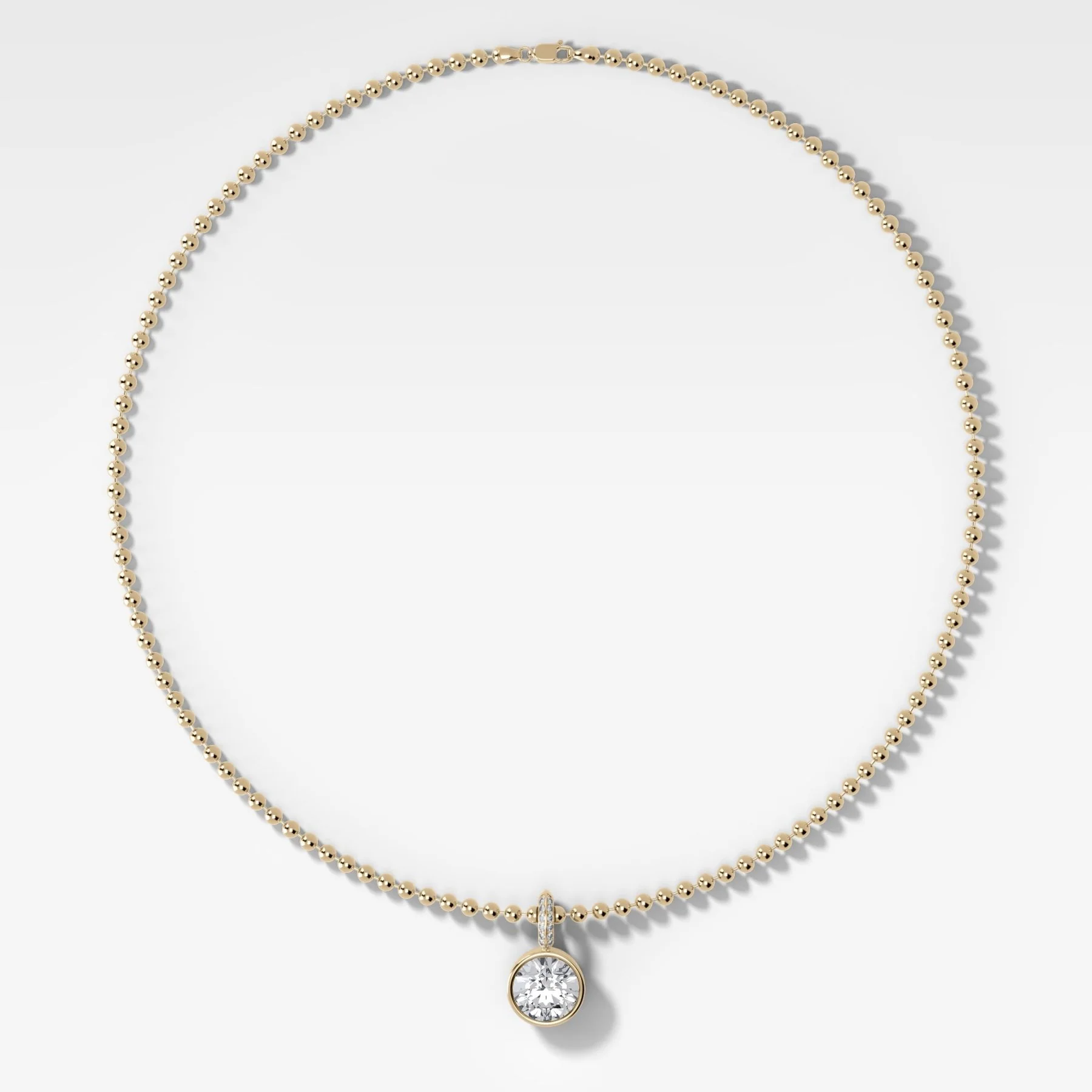 Bezel Set Round Attachable Diamond Pendant with Pavé Knife Edge Bail and Beaded Chain (3mm)