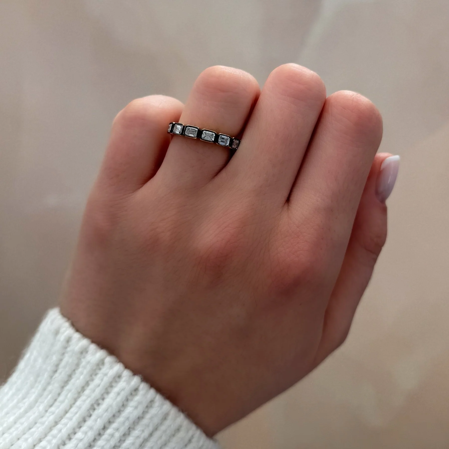 Blackened Midi Bezel Set Halfway Wedding Band With East West Emerald Cuts - Image 2