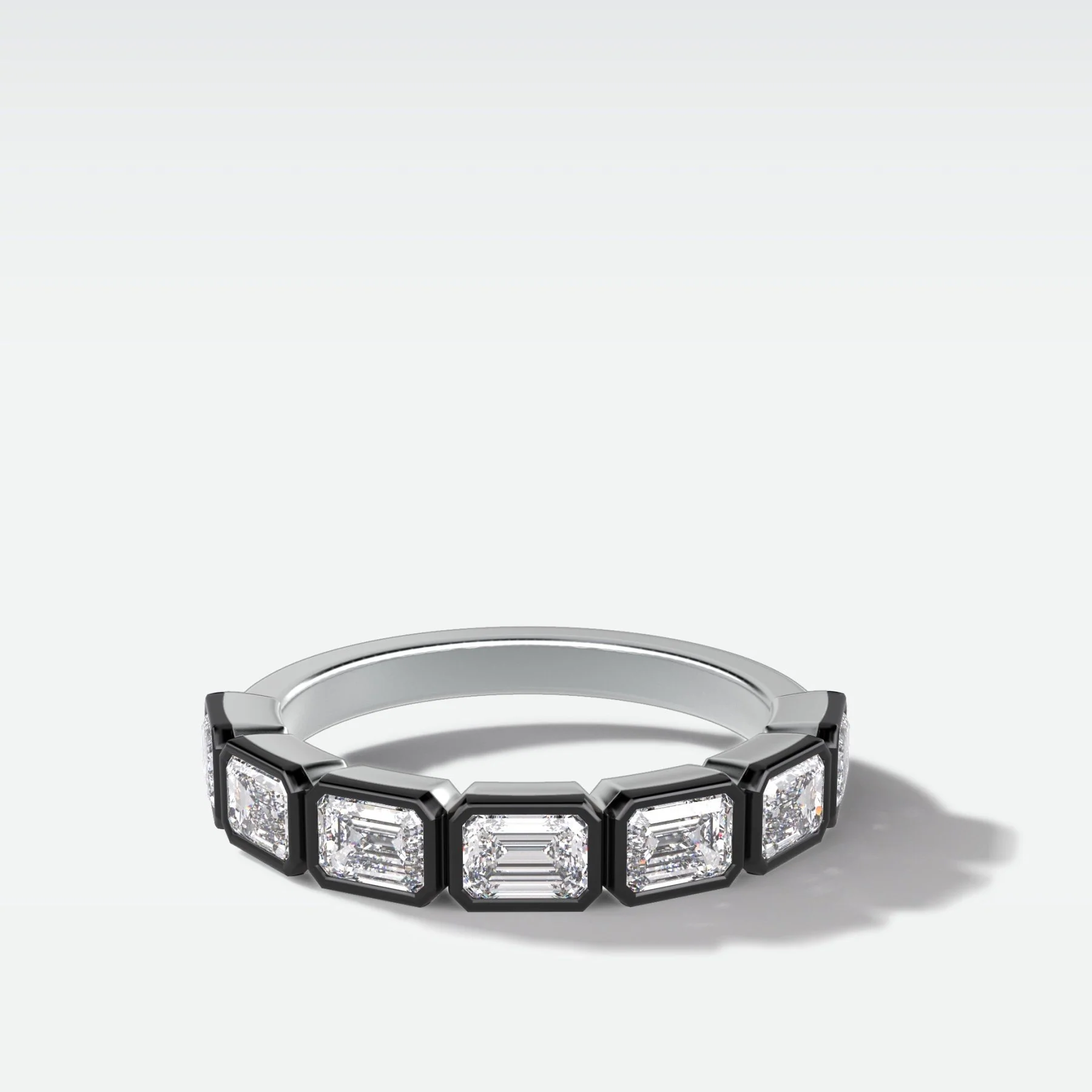 Blackened Midi Bezel Set Halfway Wedding Band With East West Emerald Cuts - Image 3