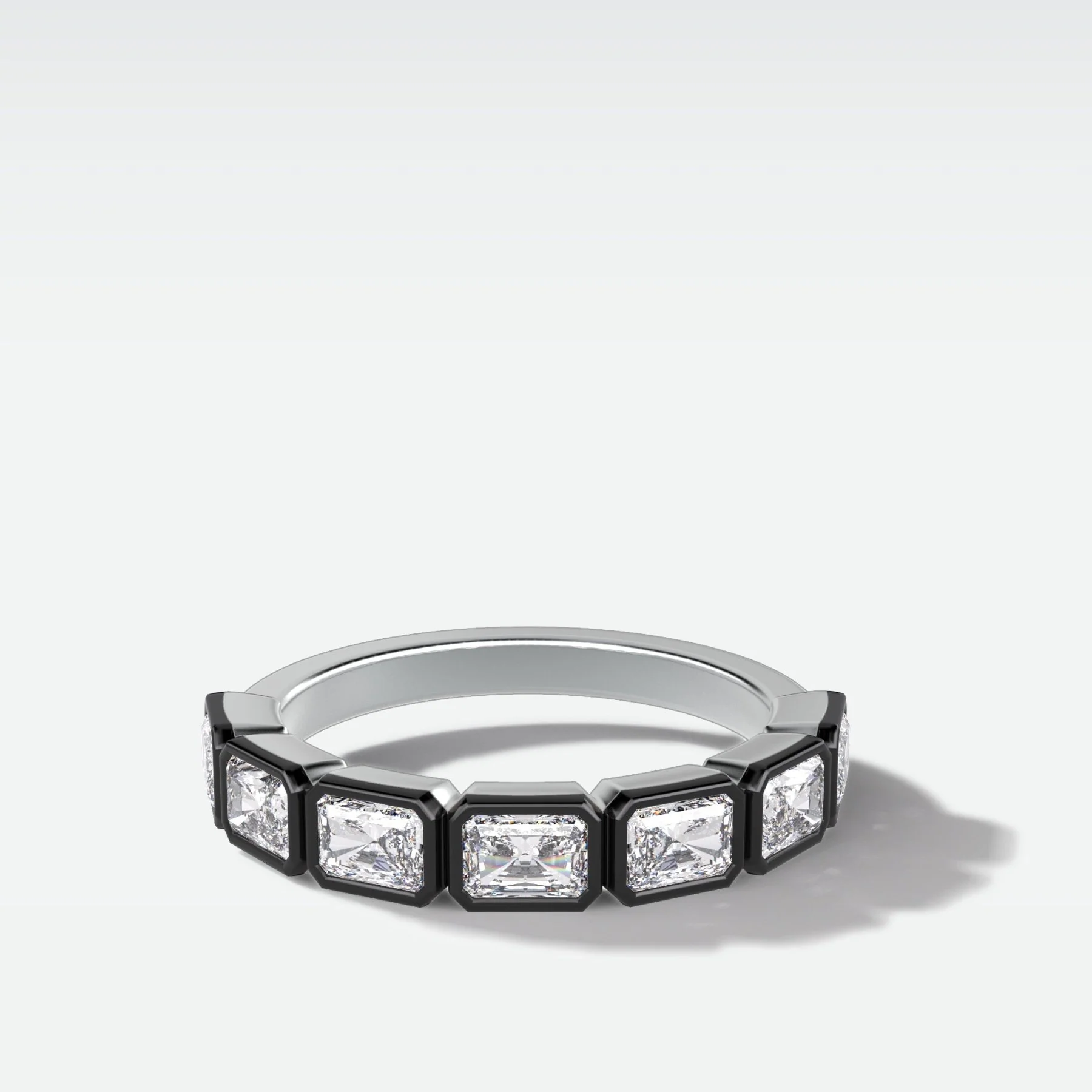 Blackened Midi Bezel Set Halfway Wedding Band With East West Radiant Cut - Image 2