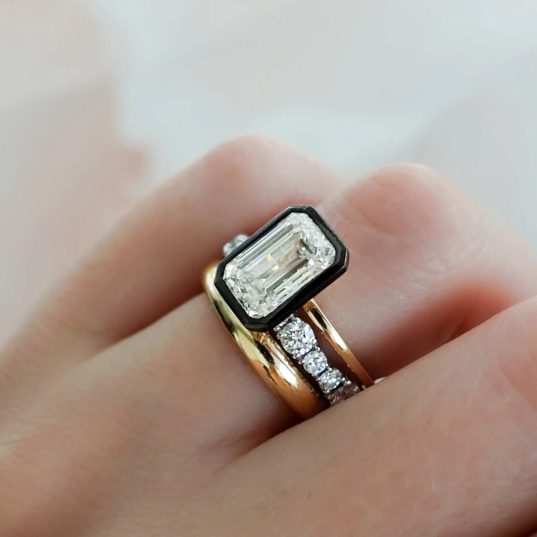 Blackened Penumbra Bezel Set Engagement Ring With Emerald Cut - Image 7