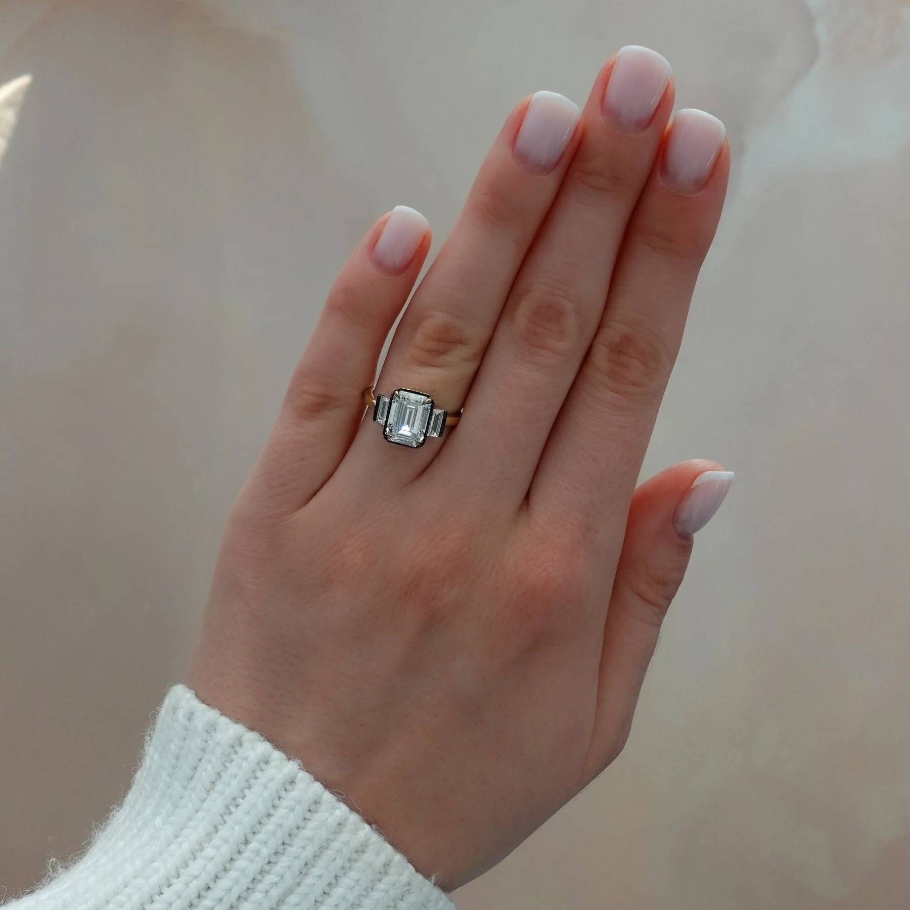 Blackened Three Stone Engagement Ring With Straight Baguette Side Stones and Emerald Cut Diamond - Image 2