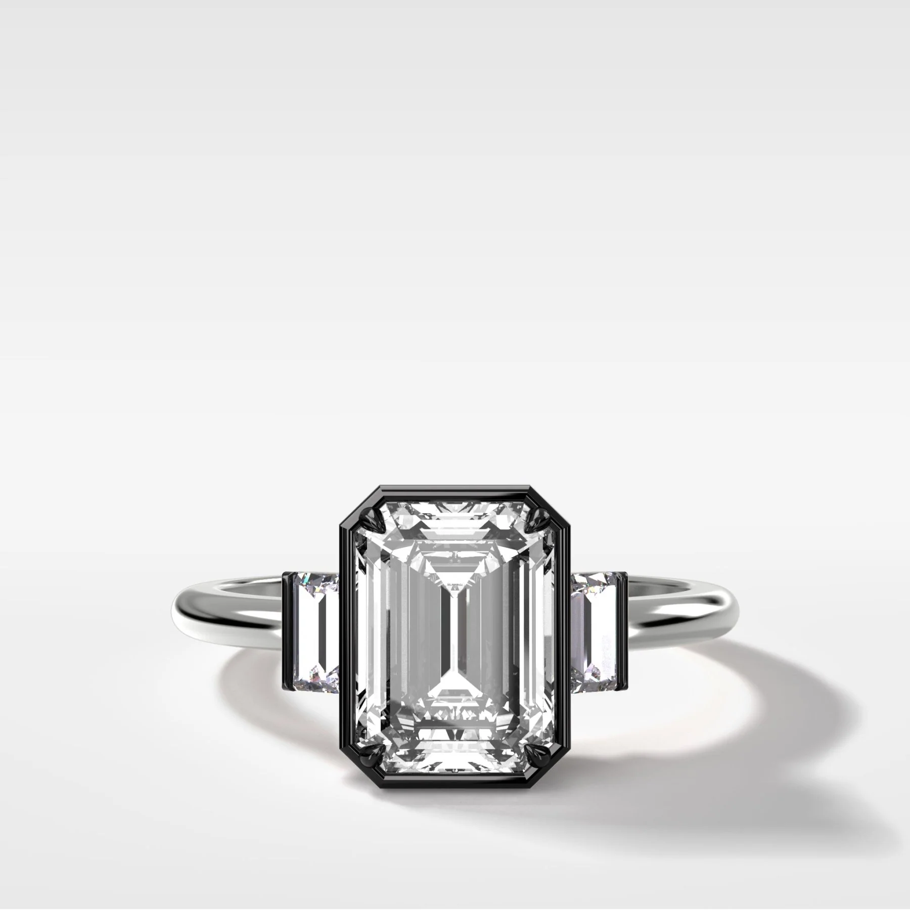 Blackened Three Stone Engagement Ring With Straight Baguette Side Stones and Emerald Cut Diamond - Image 3