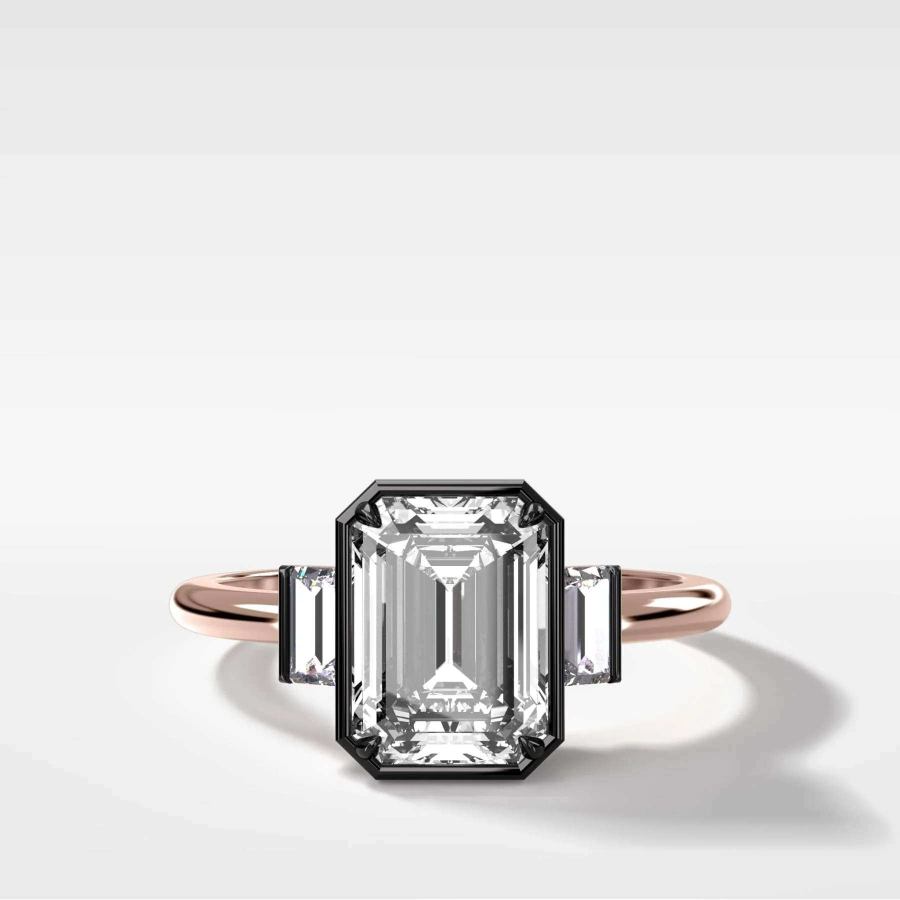 Blackened Three Stone Engagement Ring With Straight Baguette Side Stones and Emerald Cut Diamond - Image 4