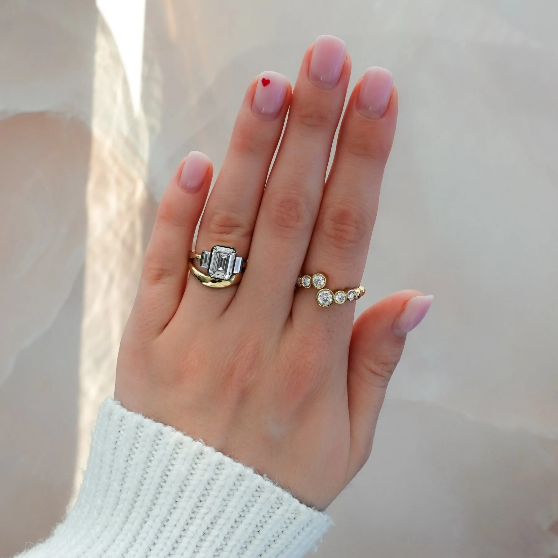 Blackened Three Stone Engagement Ring With Straight Baguette Side Stones and Emerald Cut Diamond - Image 5
