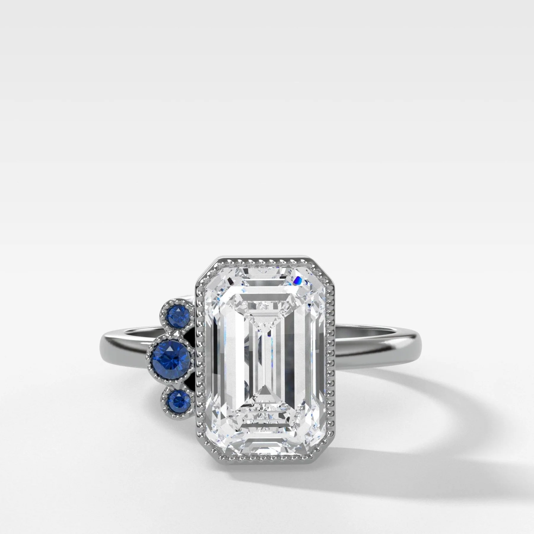 Blue Sapphire Cluster Engagement Ring With Emerald Cut - Image 2