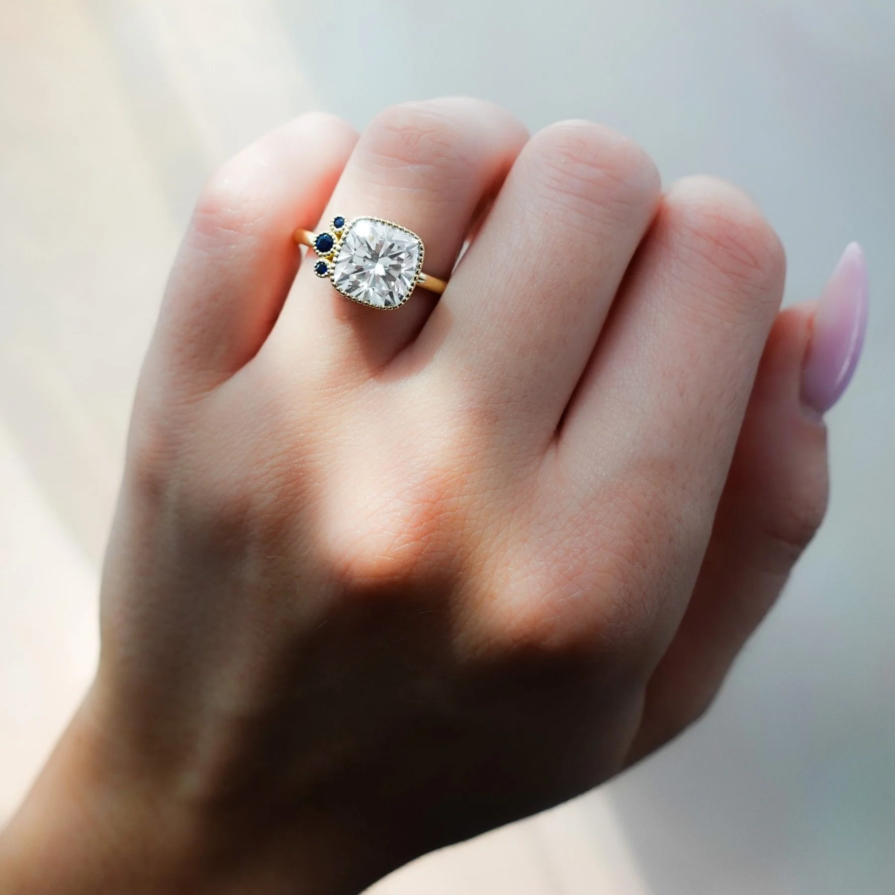Blue Sapphire Cluster Engagement Ring With Cushion Cut - Image 2
