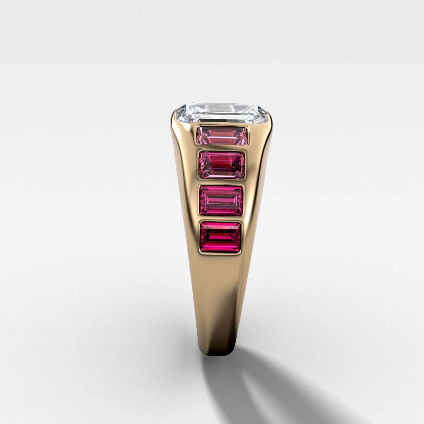 Brick Road Engagement Ring with Ombré Red Rubies and an Emerald Cut - Image 2