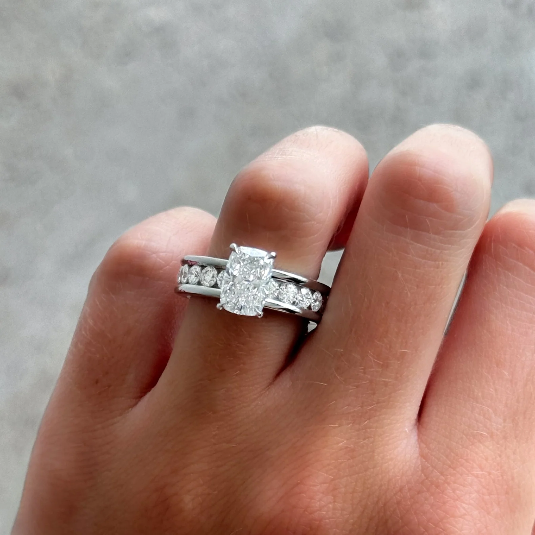 Chunky Channel Set Engagement Ring with Elongated Cushion Cut Diamond - Image 6