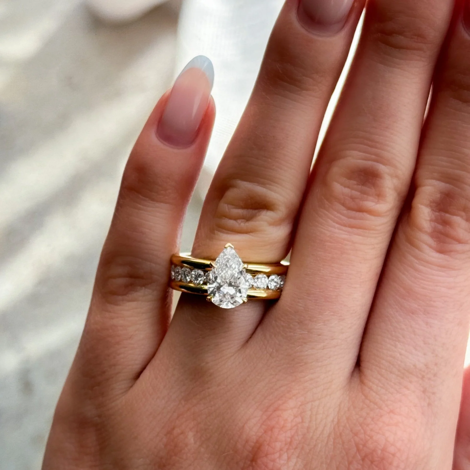 Chunky Channel Set Engagement Ring with Pear Cut Diamond - Image 6