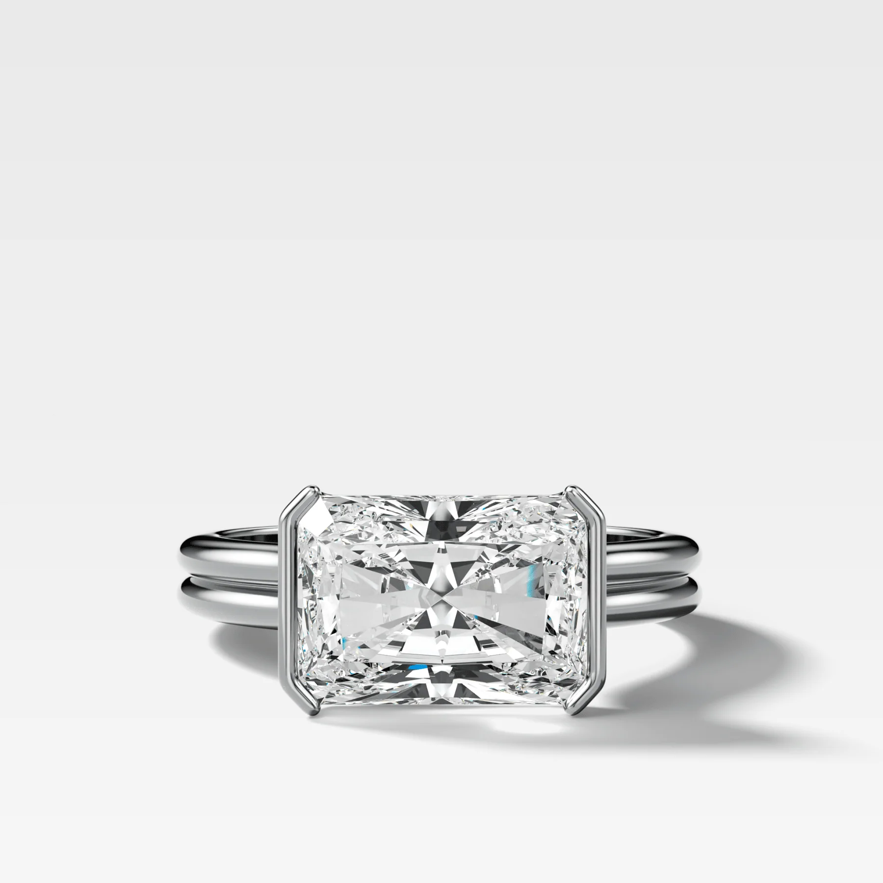 Double Row East West Half Bezel Solitaire Engagement Ring With Elongated Radiant Cut Diamond - Image 3