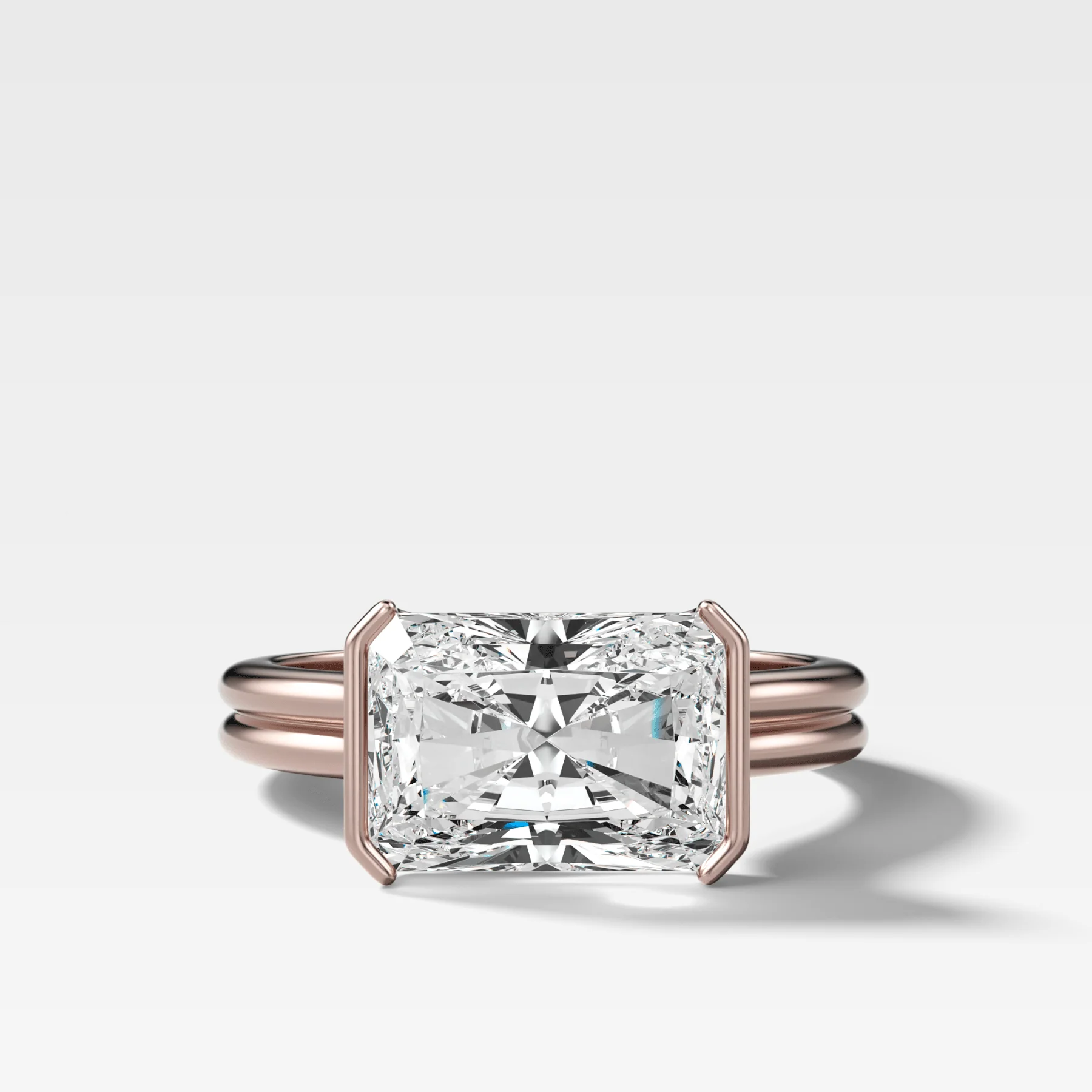 Double Row East West Half Bezel Solitaire Engagement Ring With Elongated Radiant Cut Diamond - Image 4