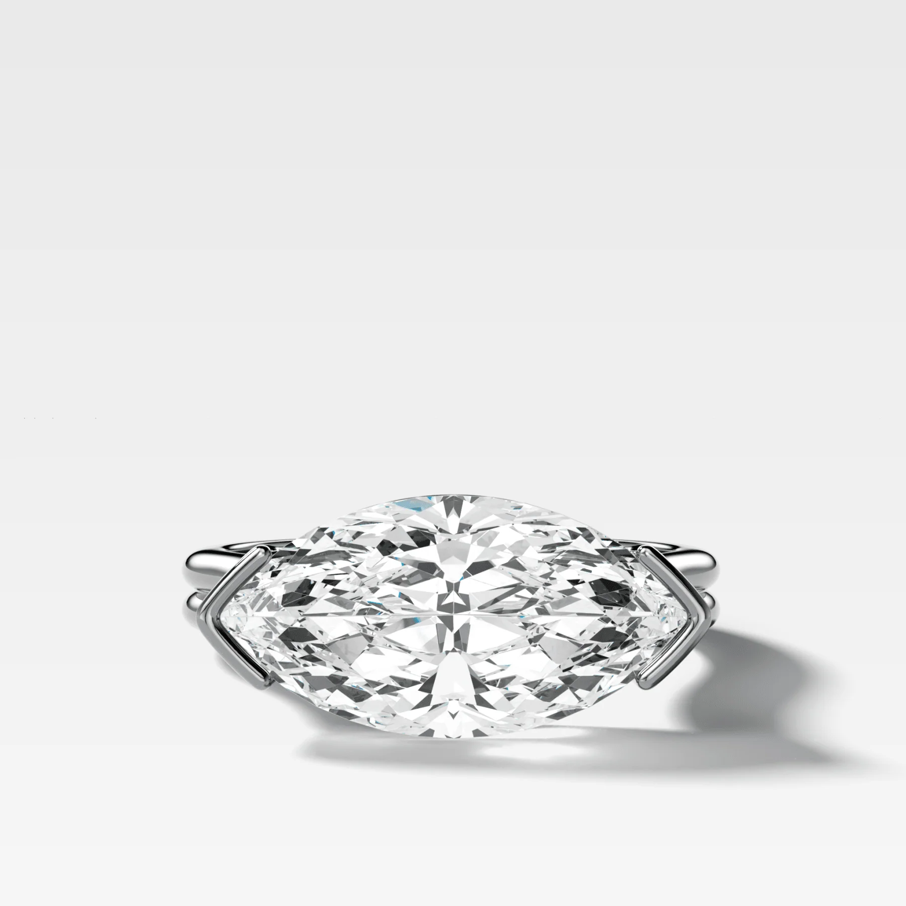 Double Row East West Half Bezel Solitaire Engagement Ring With Marquise Cut Diamond - Image 3