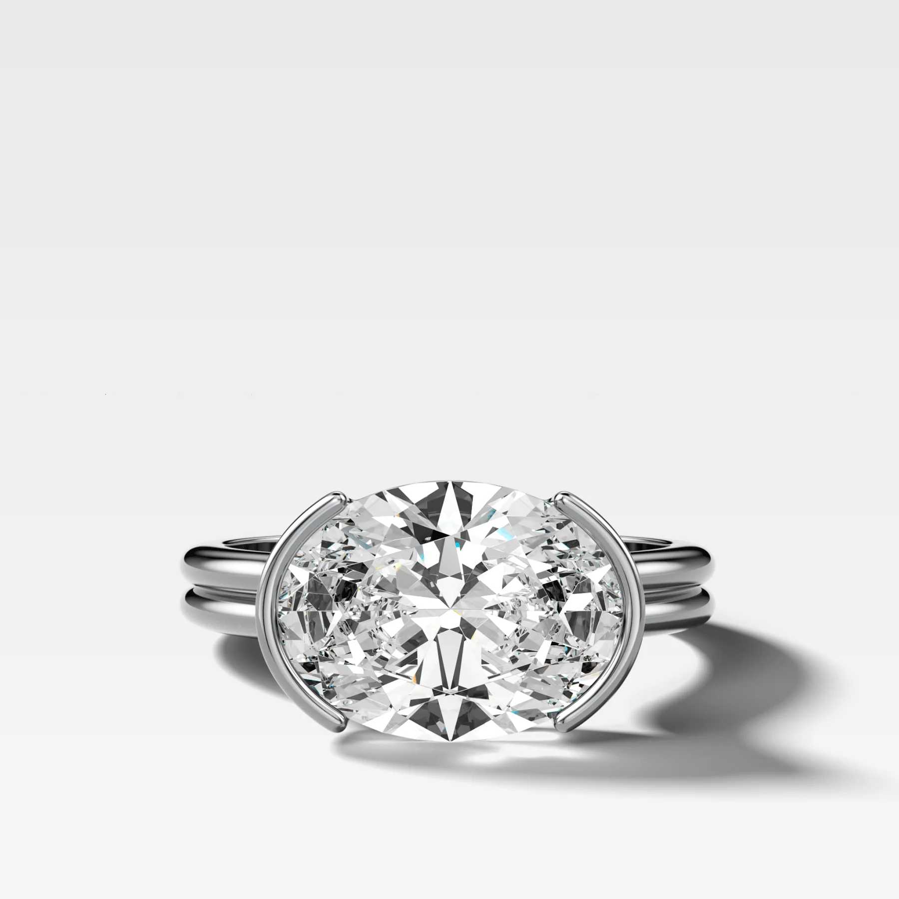 Double Row East West Half Bezel Solitaire Engagement Ring With Oval Cut Diamond - Image 3
